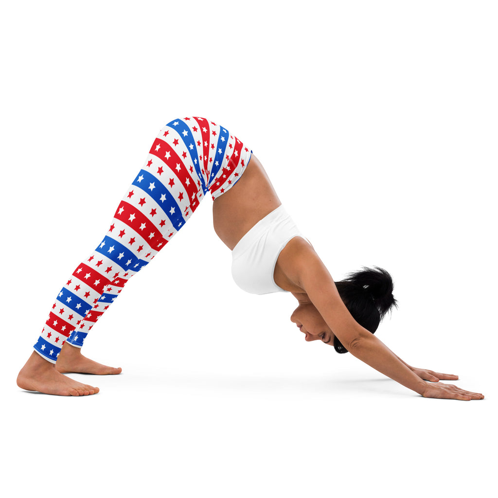 Women’s usa stars and stripes buttery soft yoga leggings in red white and blue star and stripe pattern