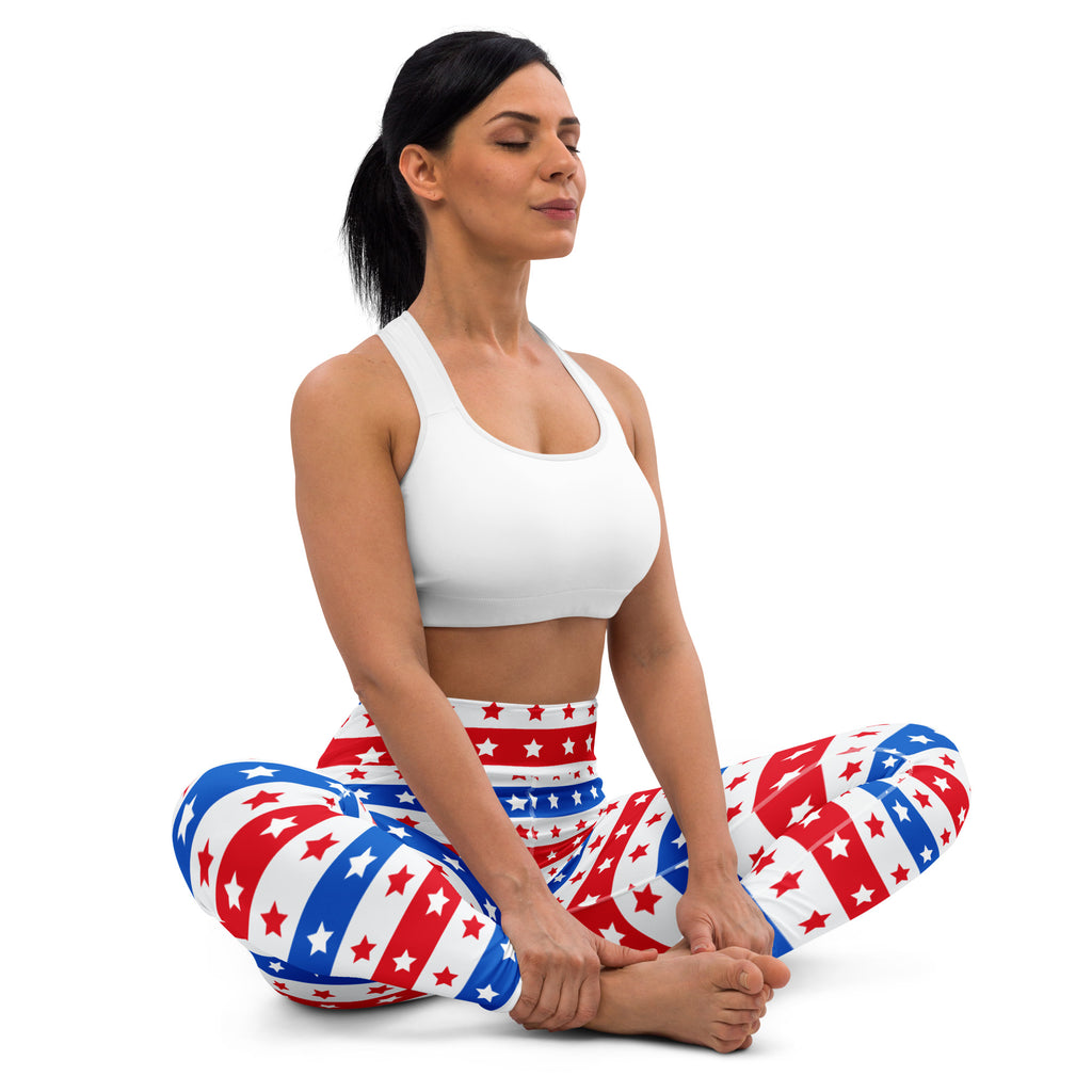 Women’s usa stars and stripes buttery soft yoga leggings featuring red white and blue star and stripe pattern