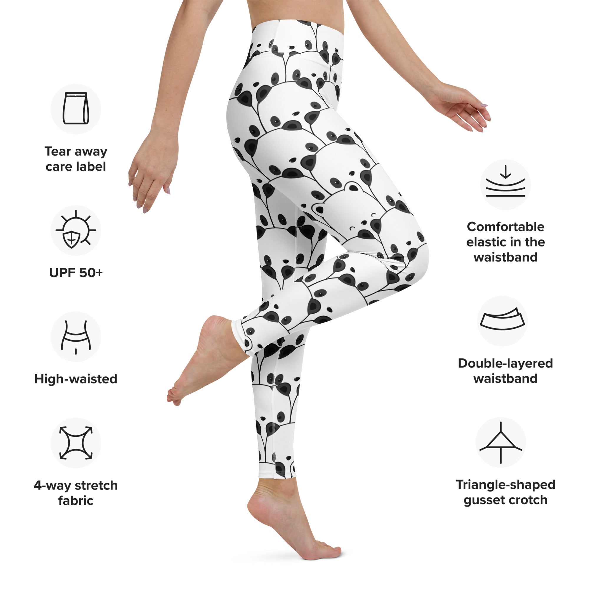 White high-waisted women’s panda buttery soft yoga leggings with black botanical leaf pattern and 4-way stretch fabric