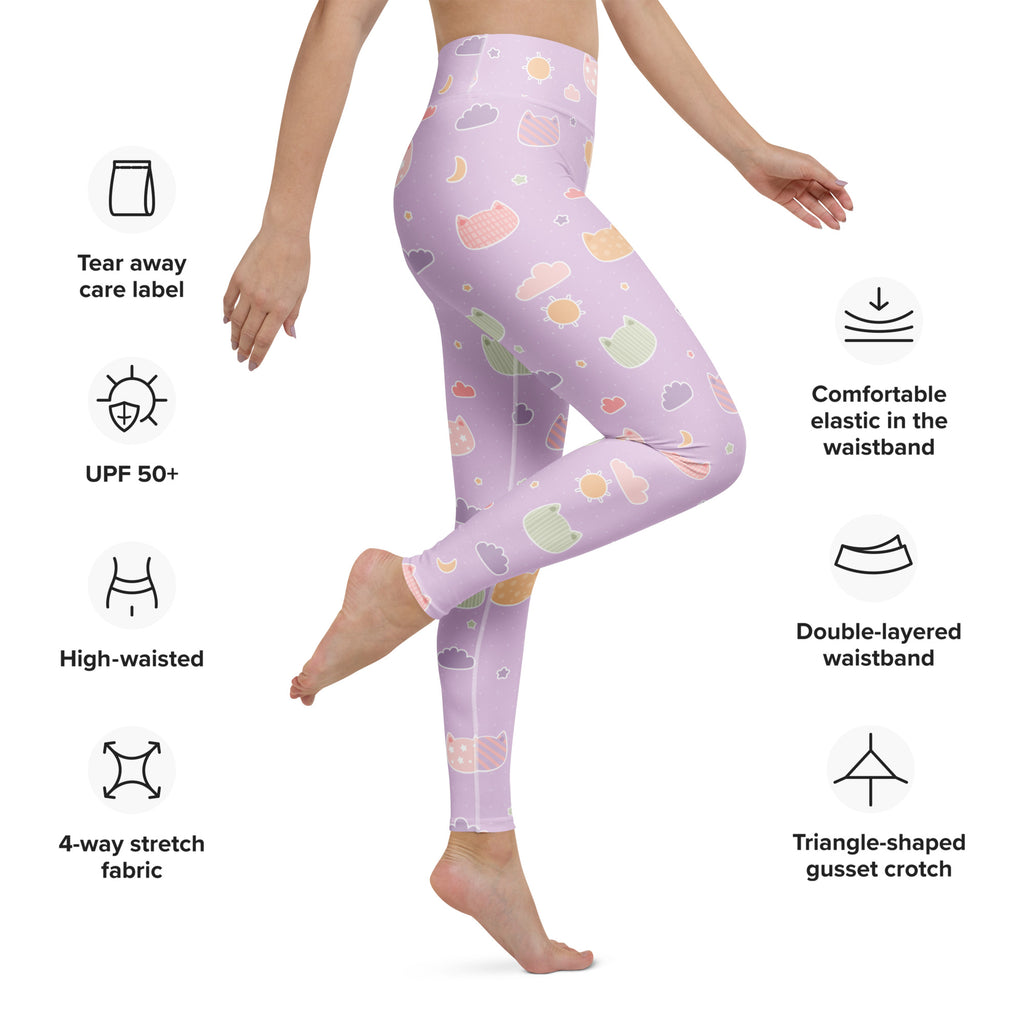 Women’s pastel lavender high-waisted buttery soft yoga leggings with a kawaii cats clouds and suns pattern