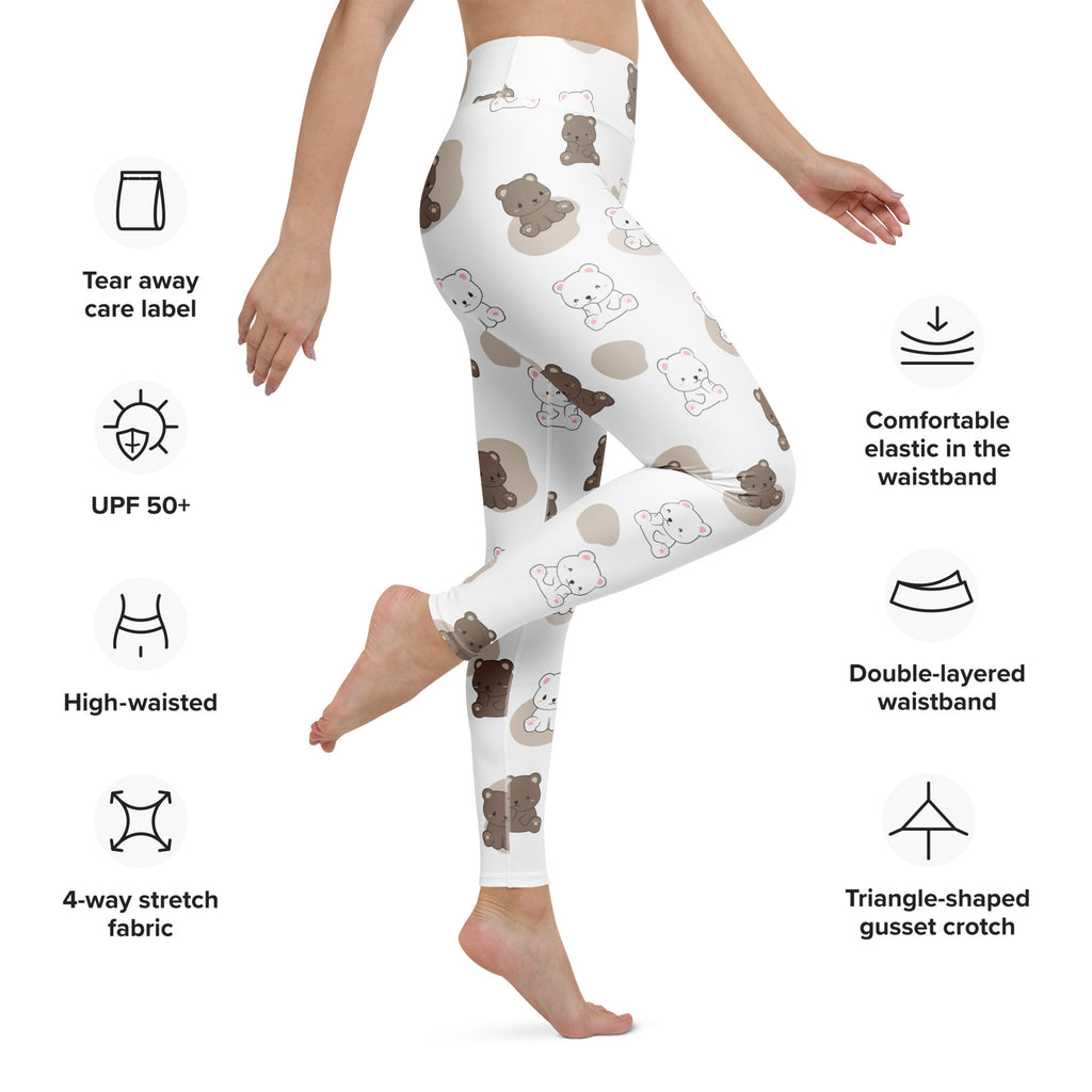 White leggings with playful brown and beige teddy bear pattern on stretchy 4-way fabric high-waisted design