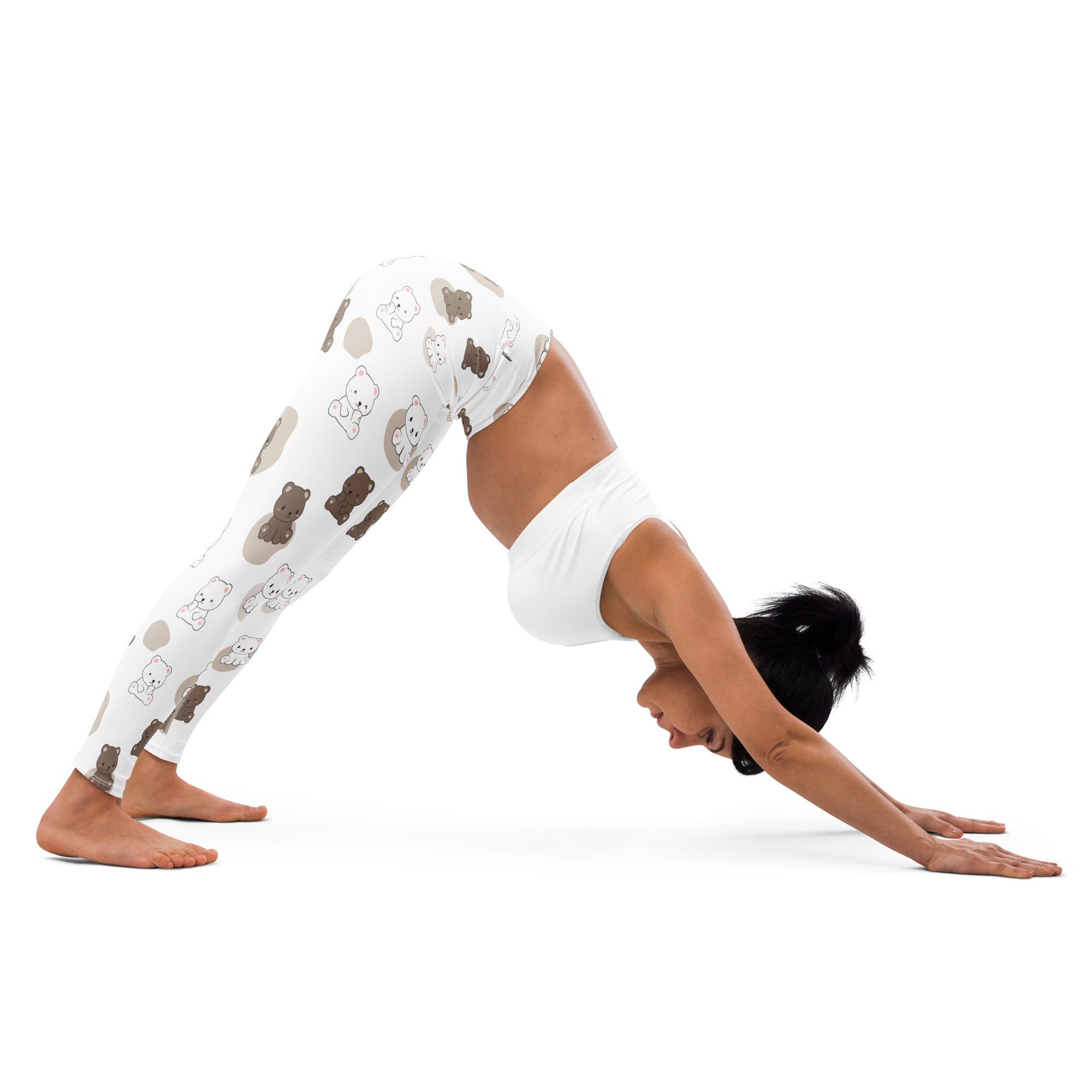 White buttery soft yoga leggings for women with a playful brown and gray teddy bear pattern