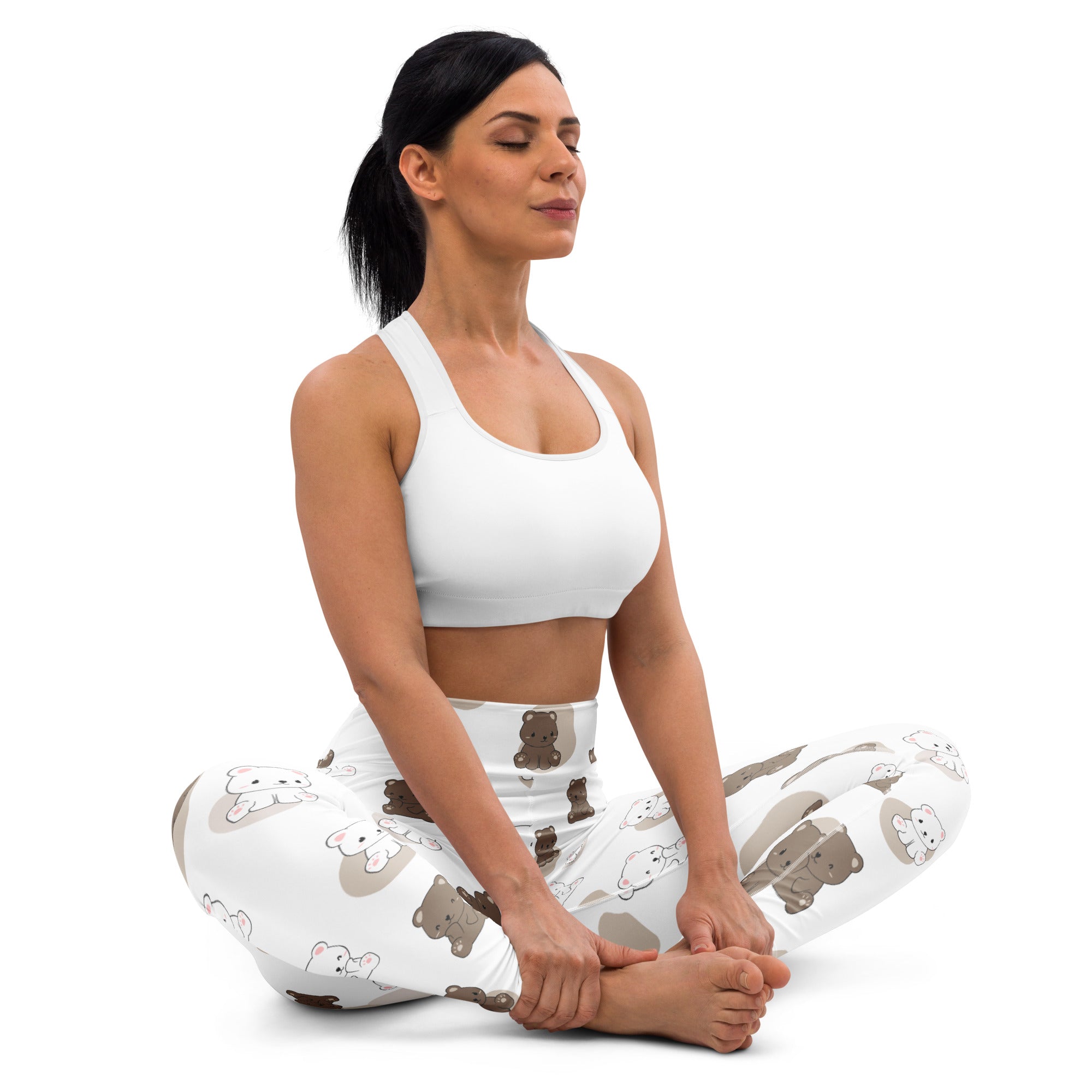 Women’s cute teddy bear buttery soft white yoga leggings with playful brown and gray cartoon bear pattern