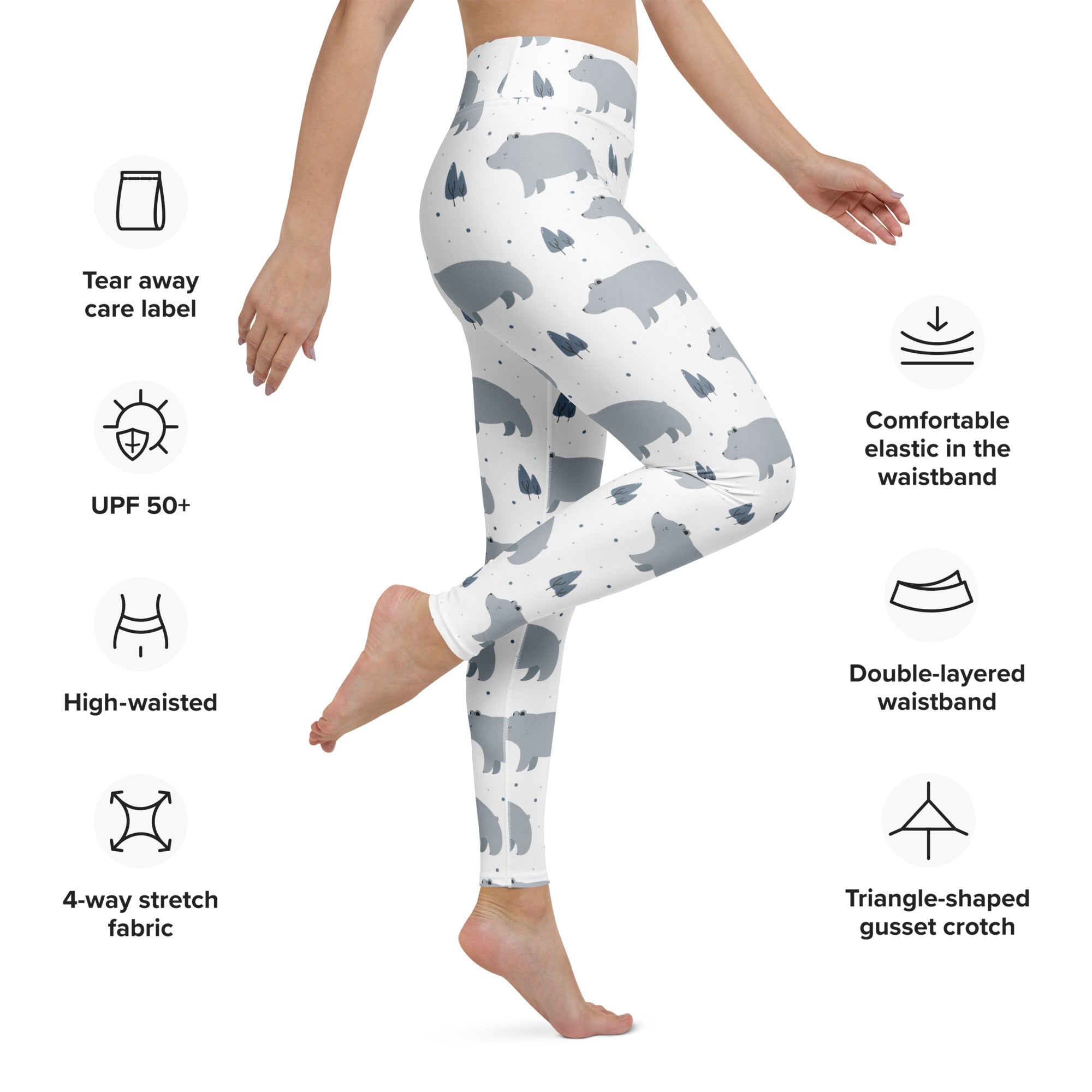 Women’s gray bear buttery soft high-waisted yoga leggings with white base and gray bear tree pattern