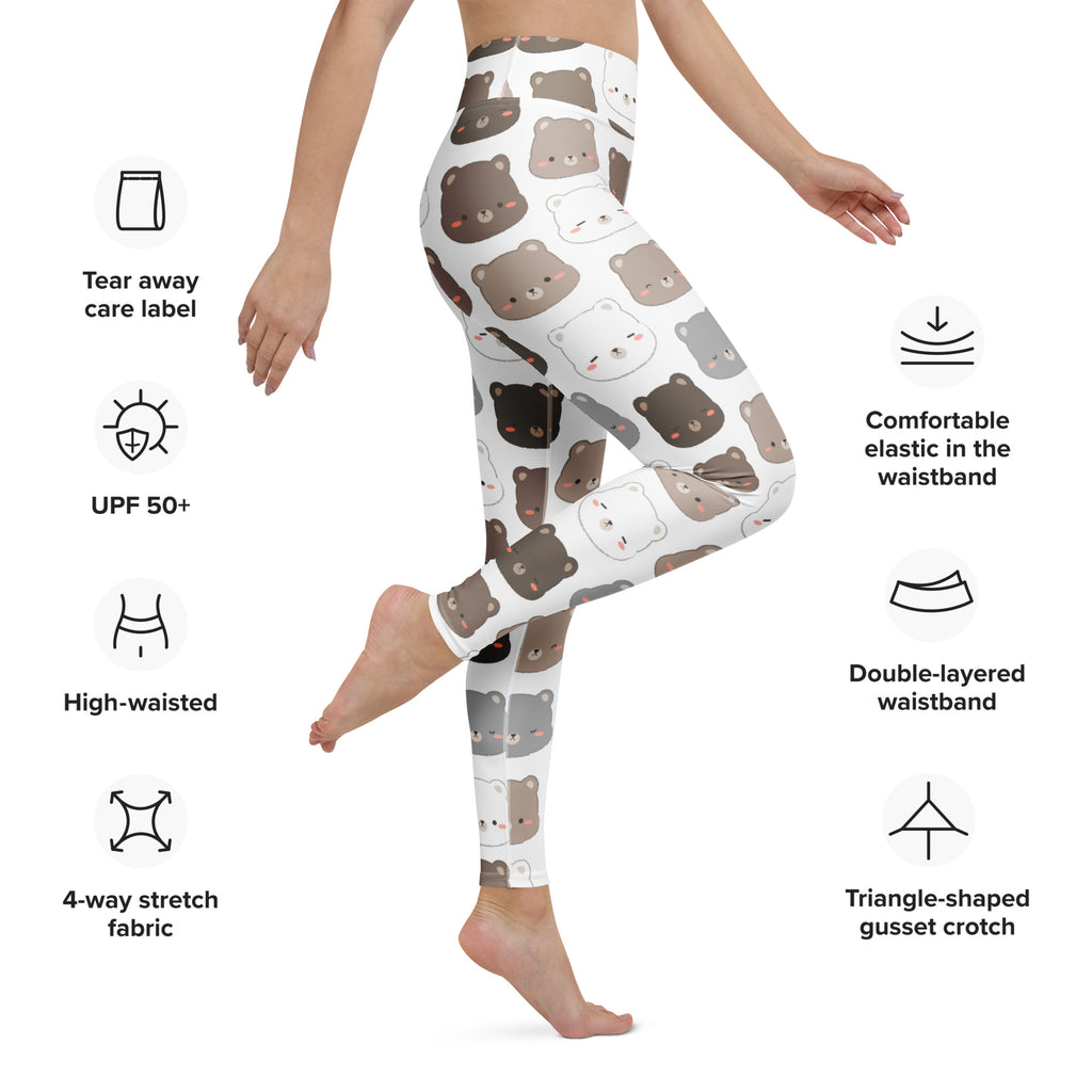 White buttery soft yoga leggings with playful cartoon bear faces in brown and gray for women