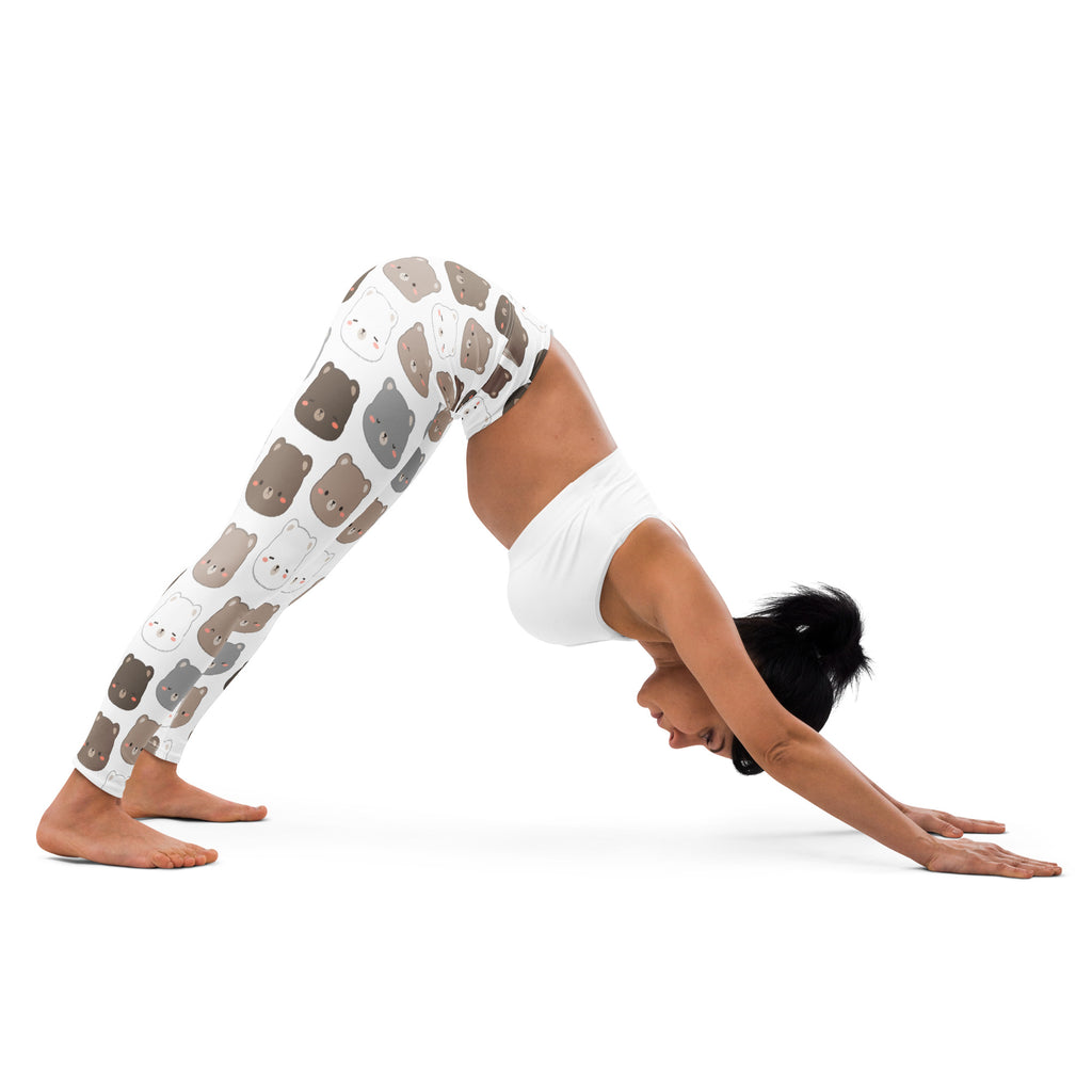 White women’s cute bear face buttery soft yoga leggings with playful brown gray and white cartoon bear pattern
