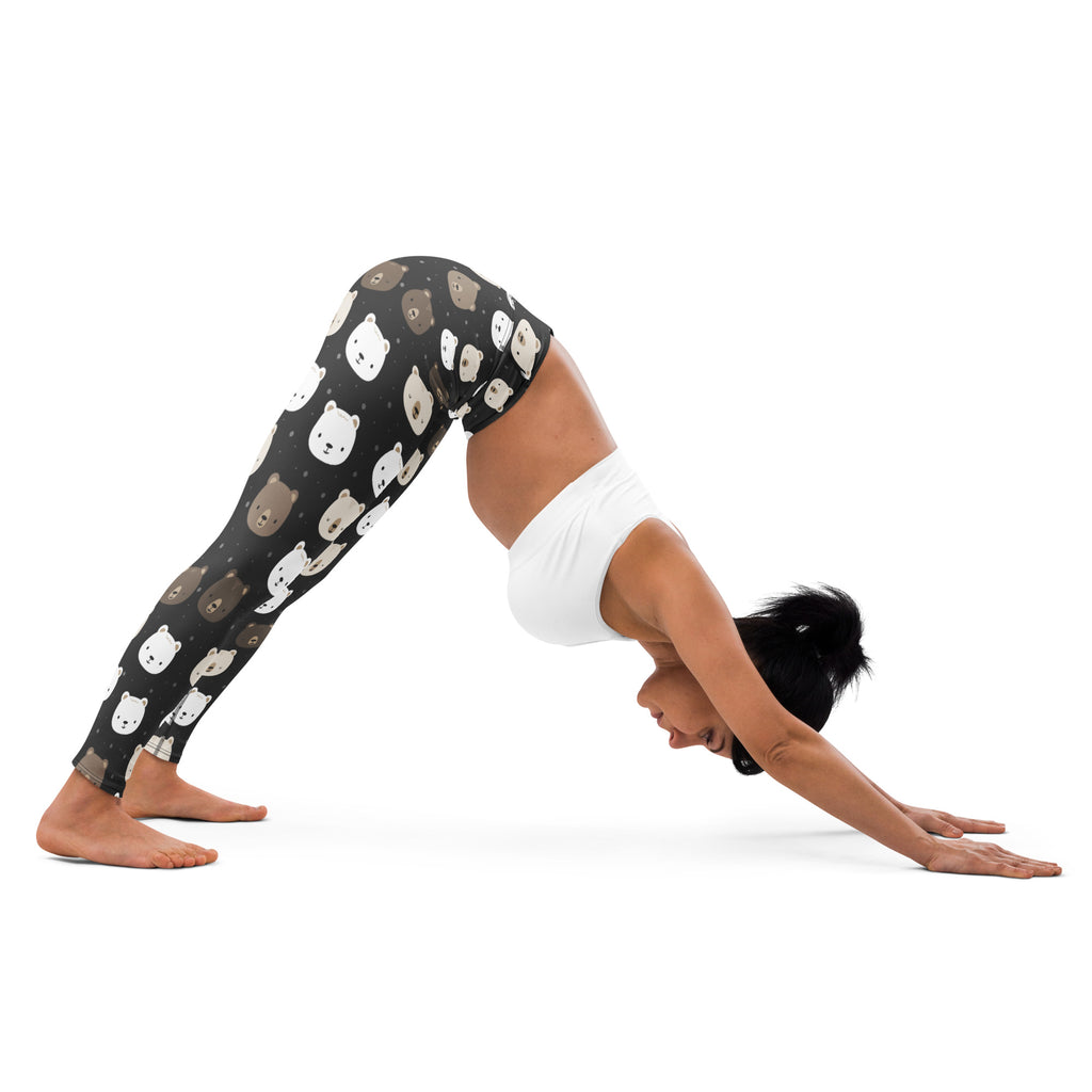 Women’s brown bear face buttery soft black leggings with white and brown bear pattern for yoga and comfort