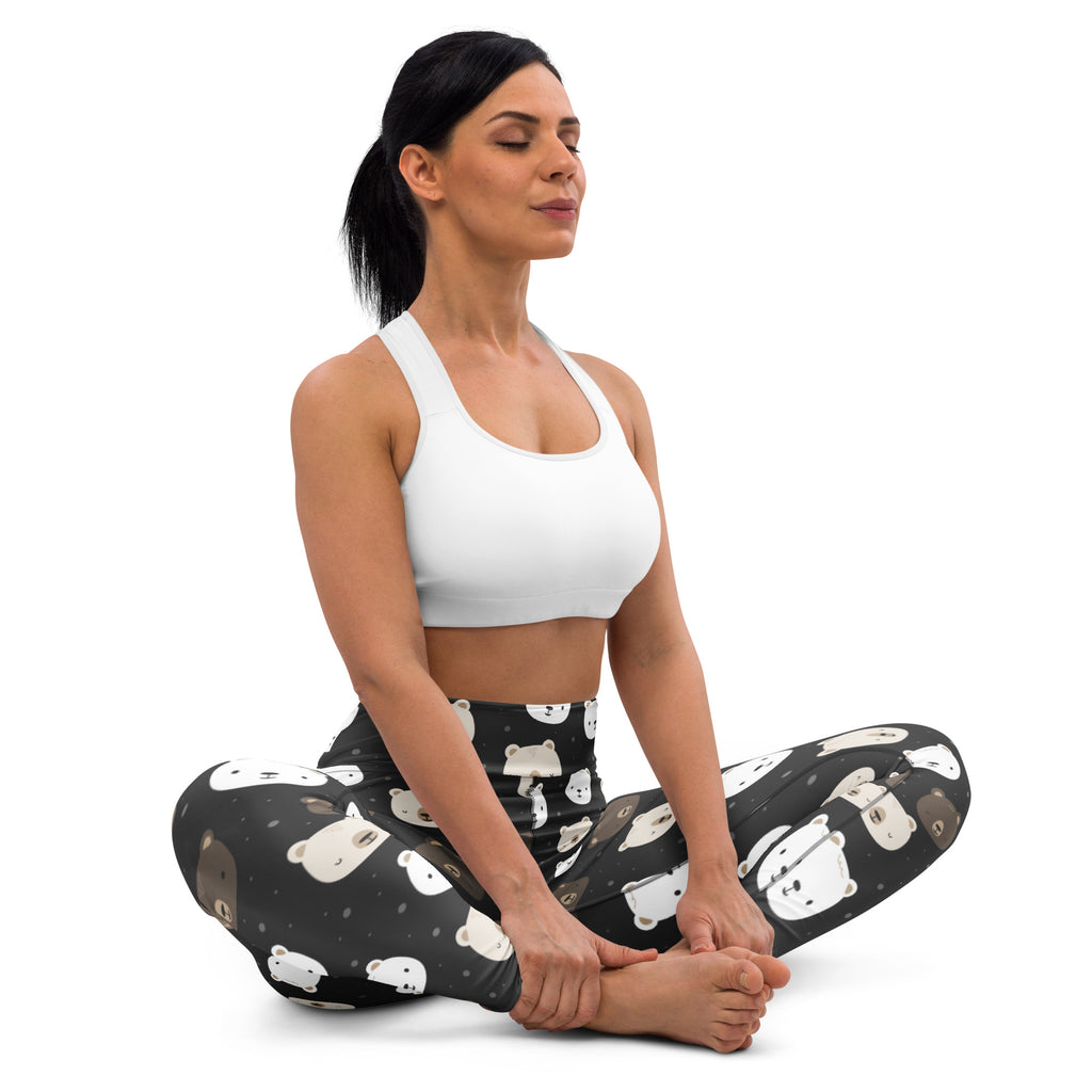 Women’s buttery soft black leggings with playful white and brown bear face pattern ideal for yoga and casual wear