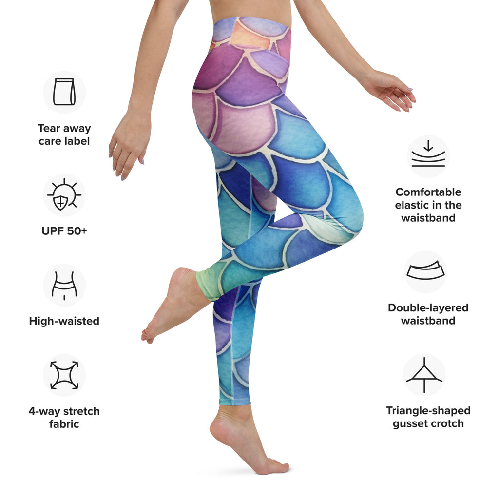 Women’s watercolor mermaid buttery soft yoga leggings with mermaid-scale pattern in purple blue and teal gradient