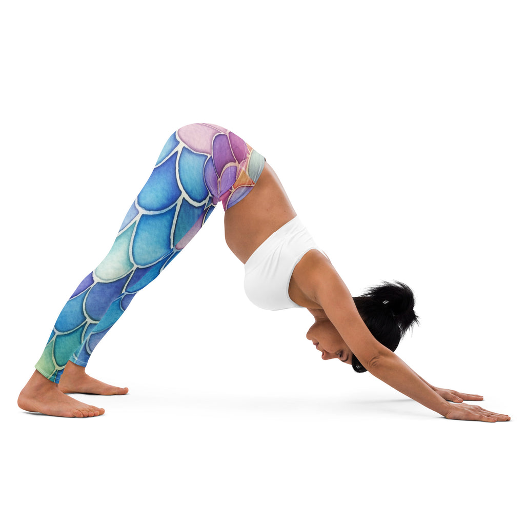 Women’s watercolor mermaid buttery soft yoga leggings with mermaid-scale pattern in gradient blues purples and greens