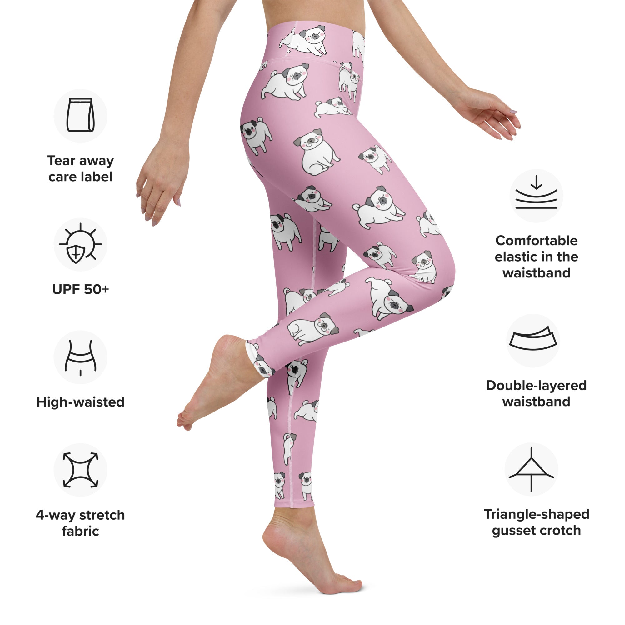 Women’s pink buttery soft yoga leggings with playful white and black pug dog pattern