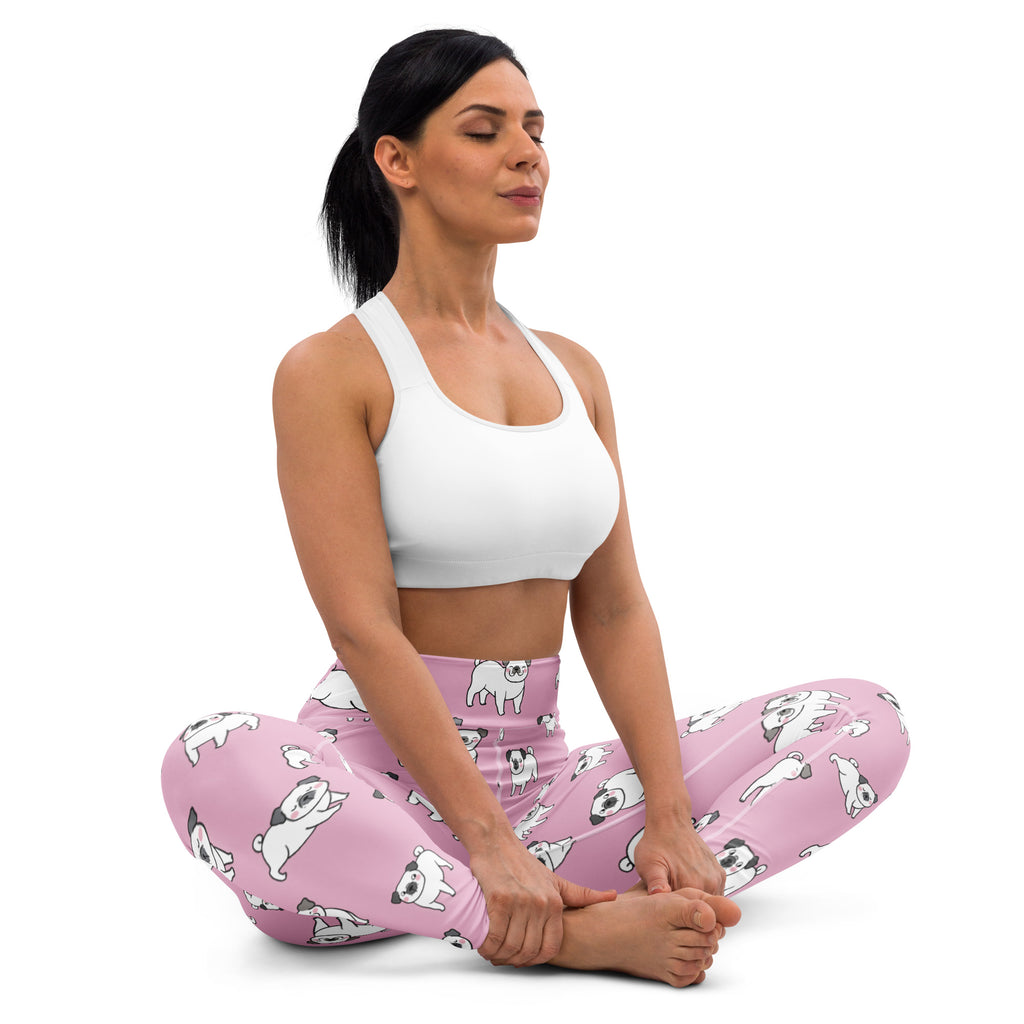 Women’s pink buttery soft yoga leggings with a playful white pug dog pattern