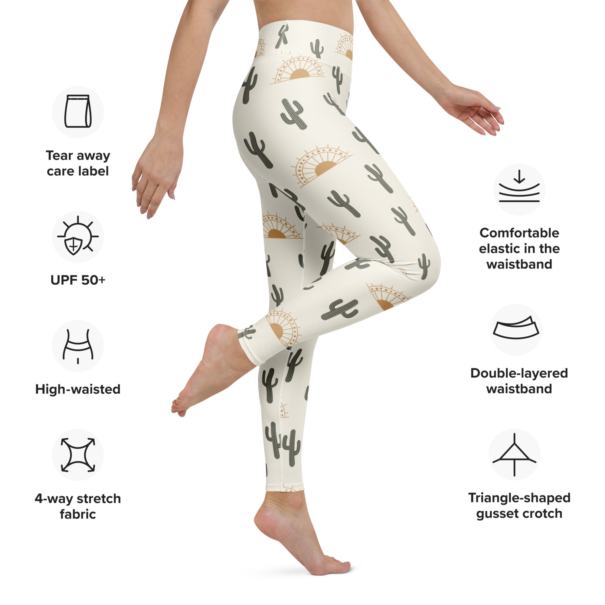 Women’s cream-colored buttery soft yoga leggings with black and gold cactus and sun pattern