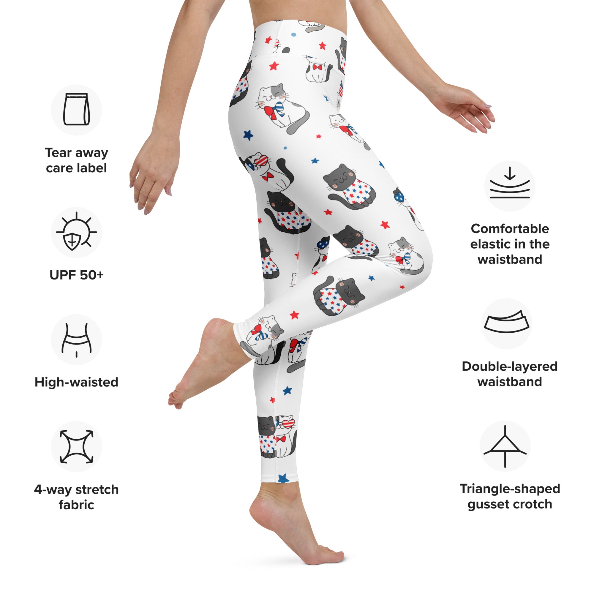 Women’s white buttery soft yoga leggings with playful black gray and red cartoon cats stars and bow ties pattern
