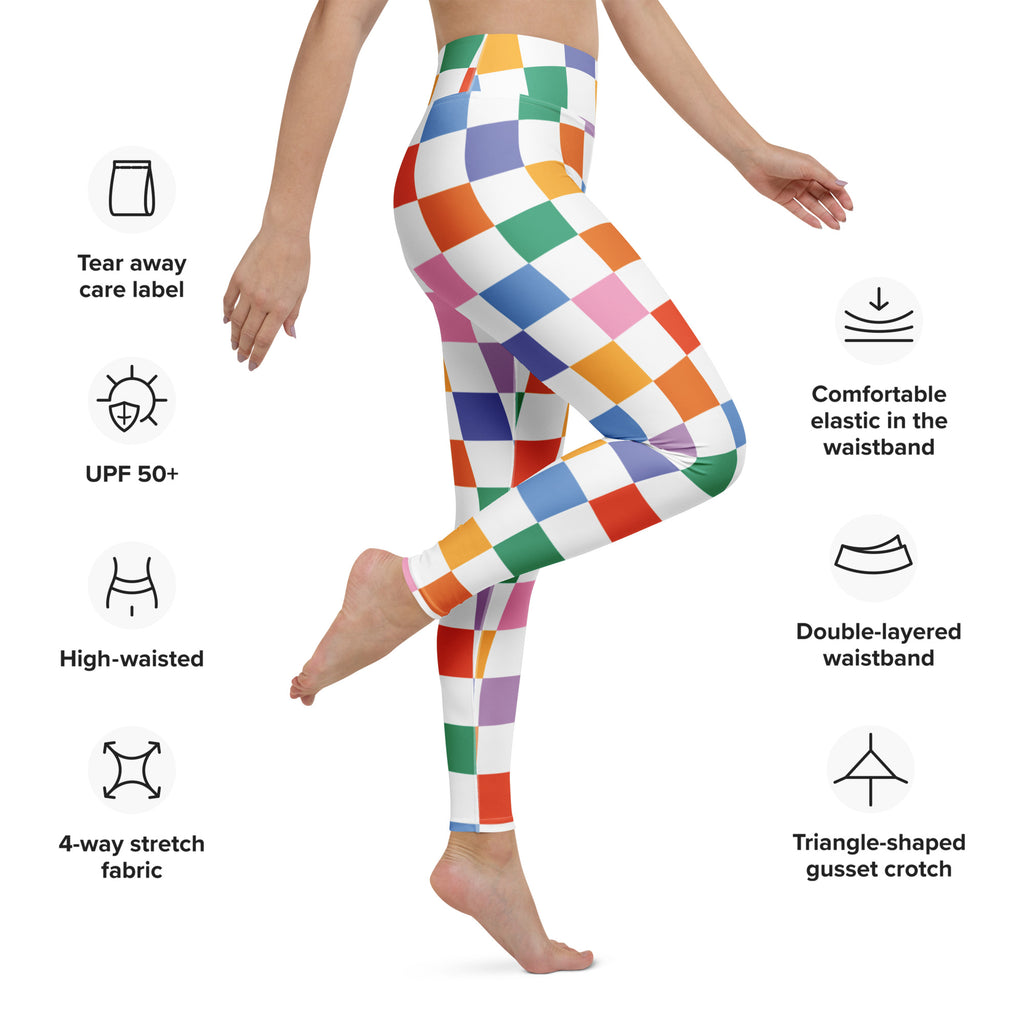 Women’s colorful checkered high-waisted yoga leggings made from buttery soft 4-way stretch fabric