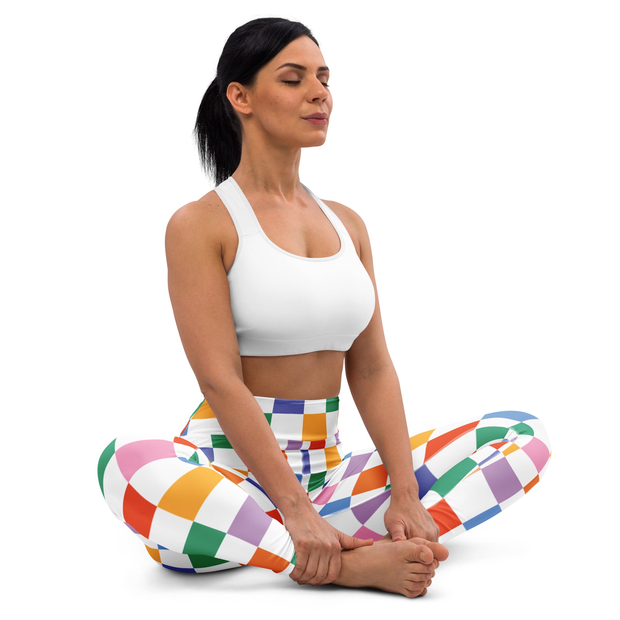 Women’s colorful checkered buttery soft high-waisted yoga leggings with stretchy fabric and geometric pattern