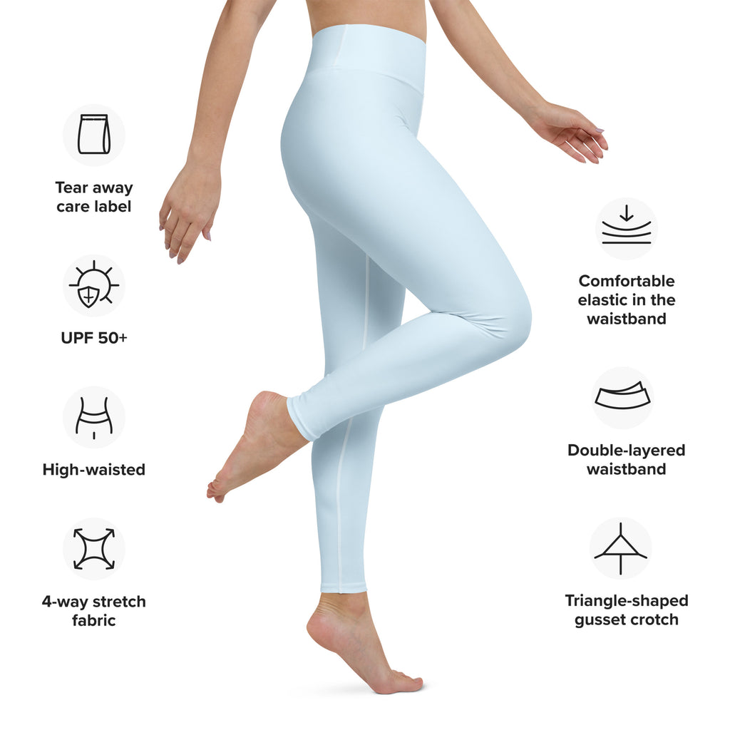 Light blue high-waisted women’s Nimbus Blue buttery soft yoga leggings made from 4-way stretch fabric