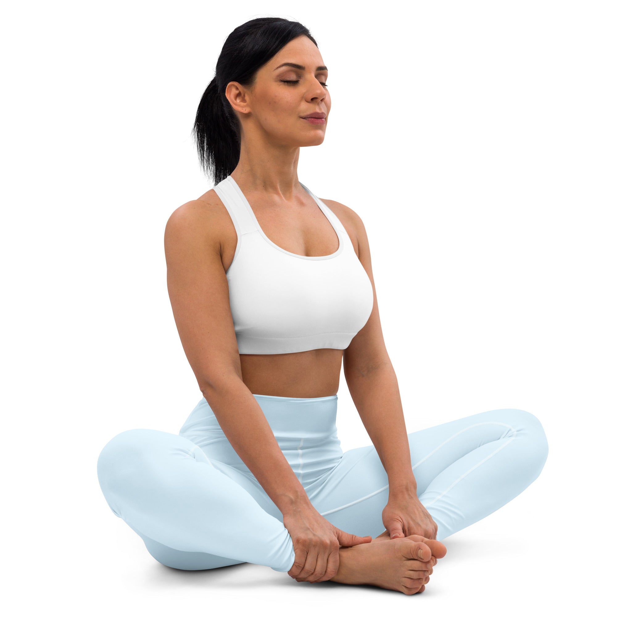 Women’s nimbus blue buttery soft seamless crop top and high-waisted leggings in white and light blue athletic wear set