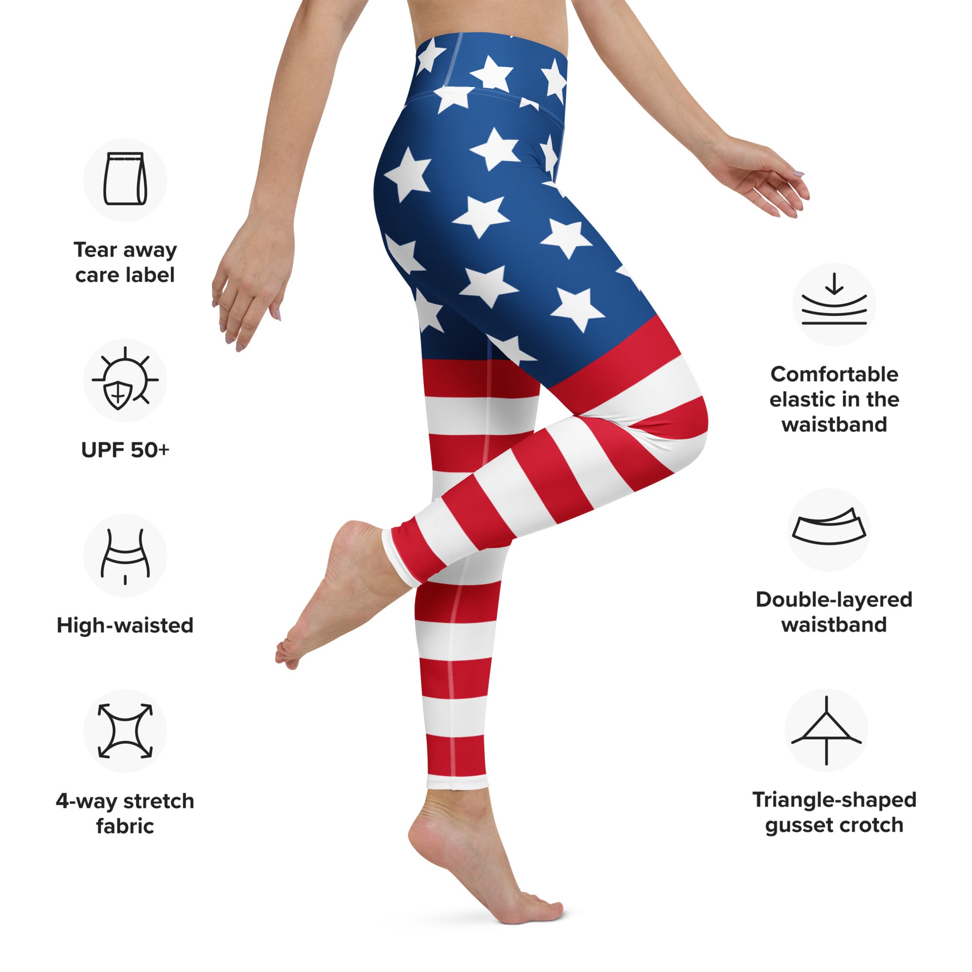 Women’s American flag buttery soft high-waisted yoga leggings in red white and blue patriotic colors