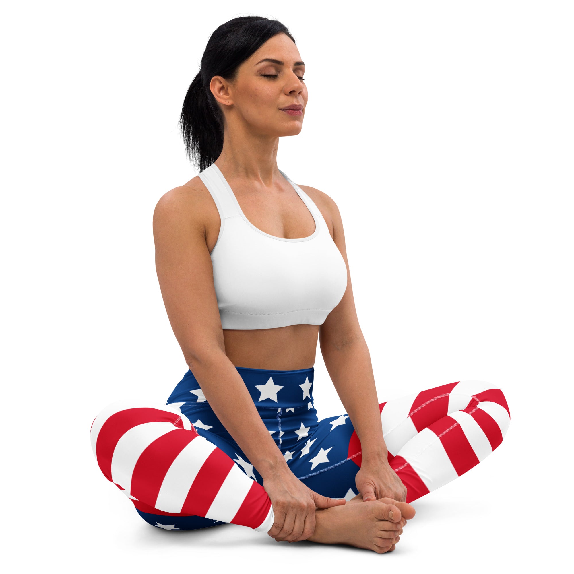 Women’s buttery soft American flag yoga leggings with red white and blue stripes and stars design