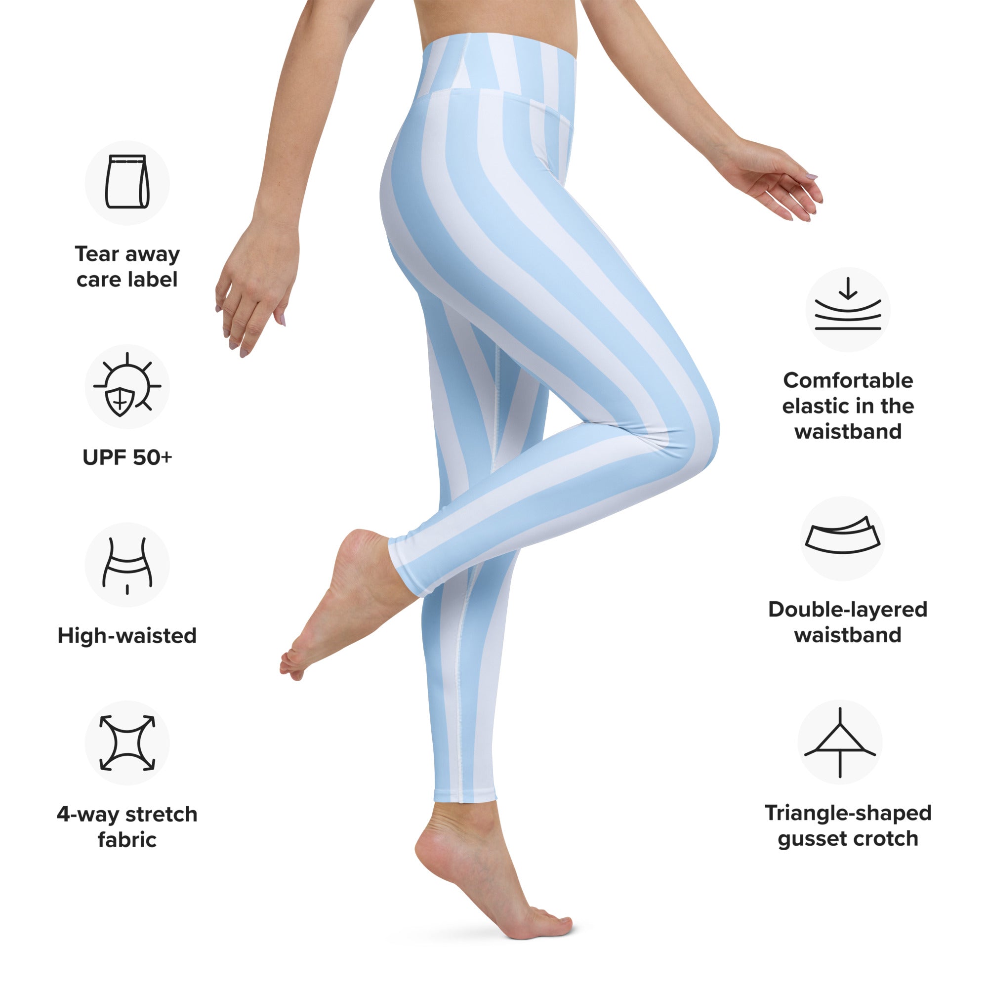 Women’s light blue and white striped high-waisted leggings made of buttery soft 4-way stretch fabric