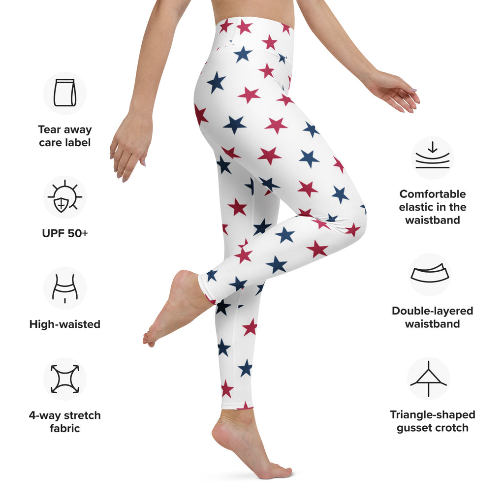 White high-waisted leggings with red and blue star pattern made of buttery soft 4-way stretch fabric for yoga