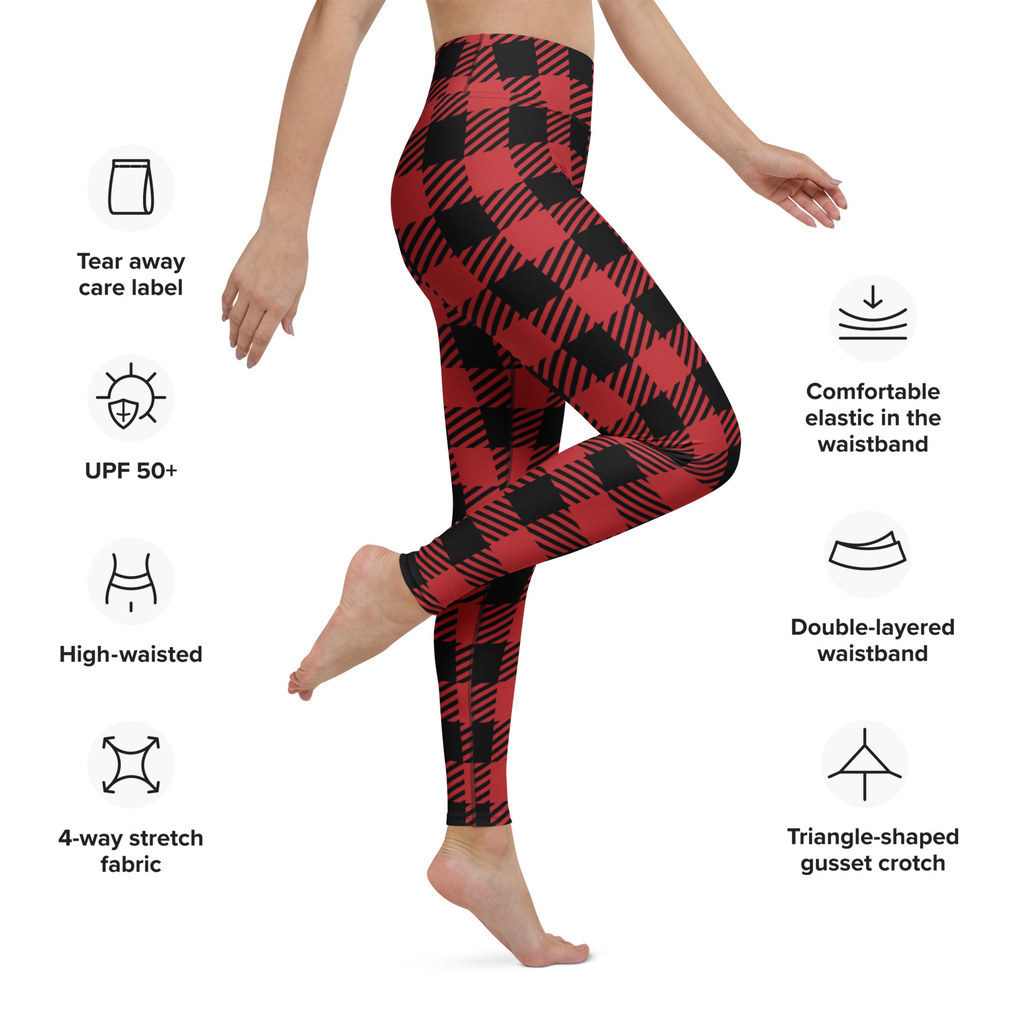 Women’s red buffalo plaid high-waisted yoga leggings with buttery soft 4-way stretch fabric
