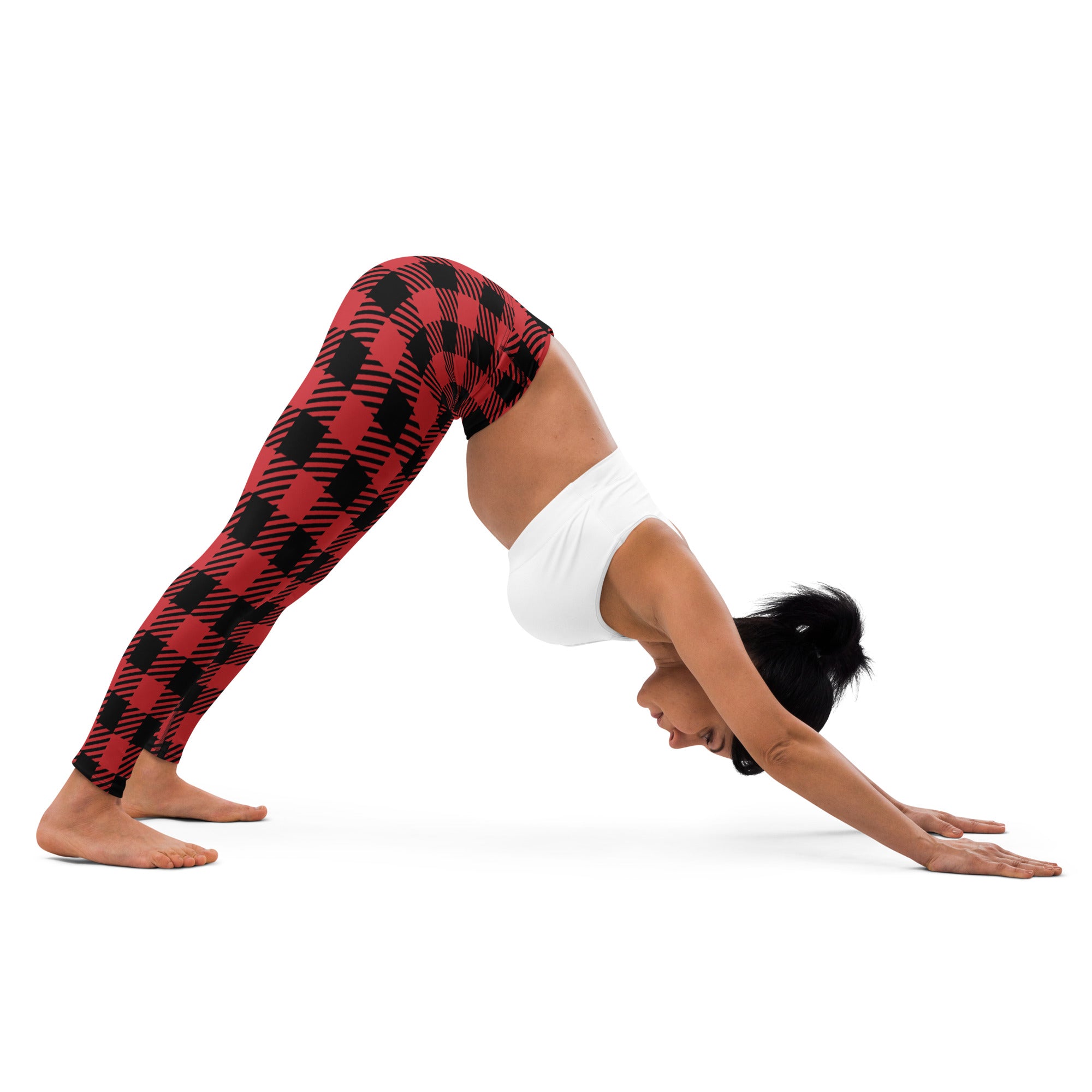 Women’s red buffalo plaid buttery soft yoga leggings in red and black stretch fabric shown from the back side