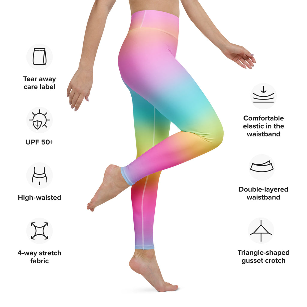 Women’s bright rainbow buttery soft high-waisted yoga leggings in rainbow gradient 4-way stretch fabric