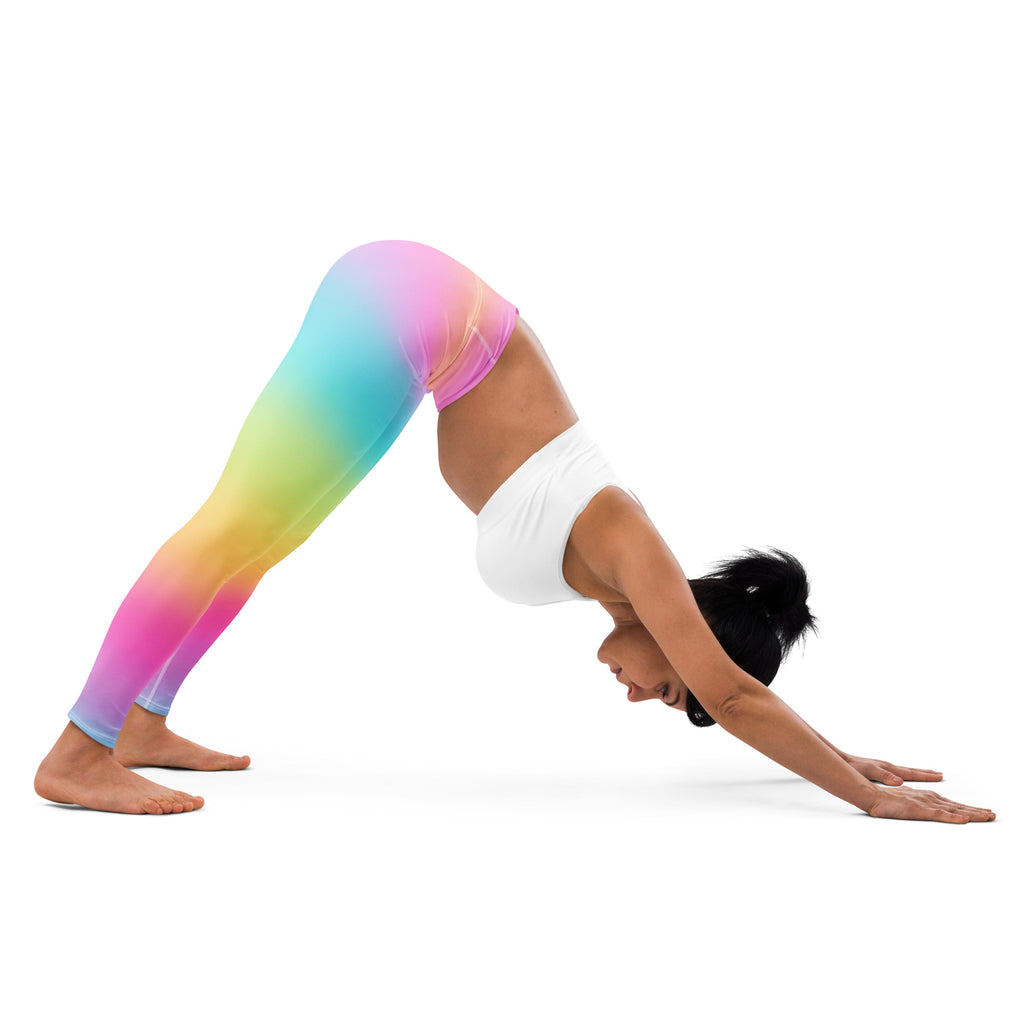 Women’s bright rainbow buttery soft yoga leggings in rainbow gradient with smooth stretchy fabric for comfort