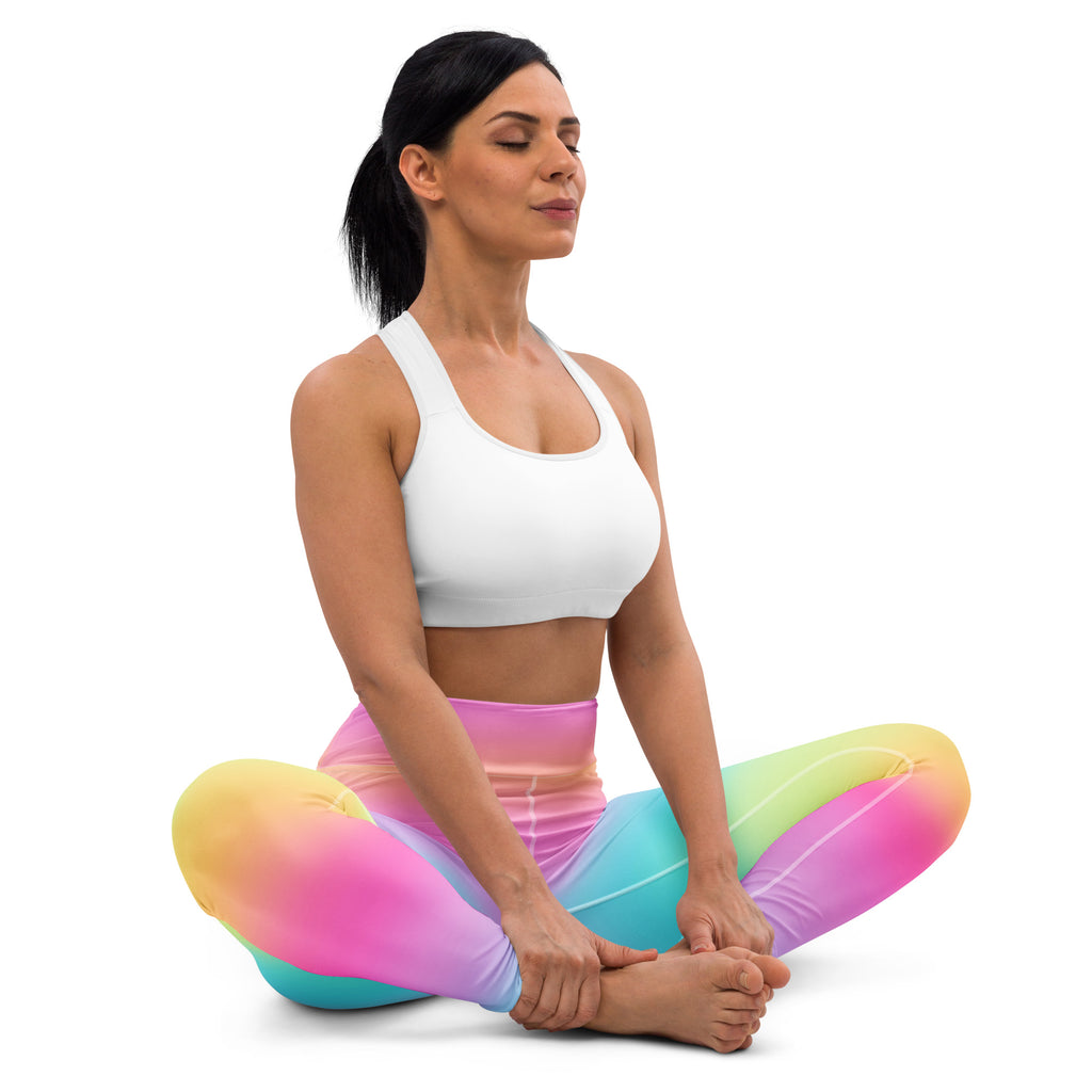 Women’s bright rainbow buttery soft yoga leggings with smooth stretchy fabric in a vibrant gradient color
