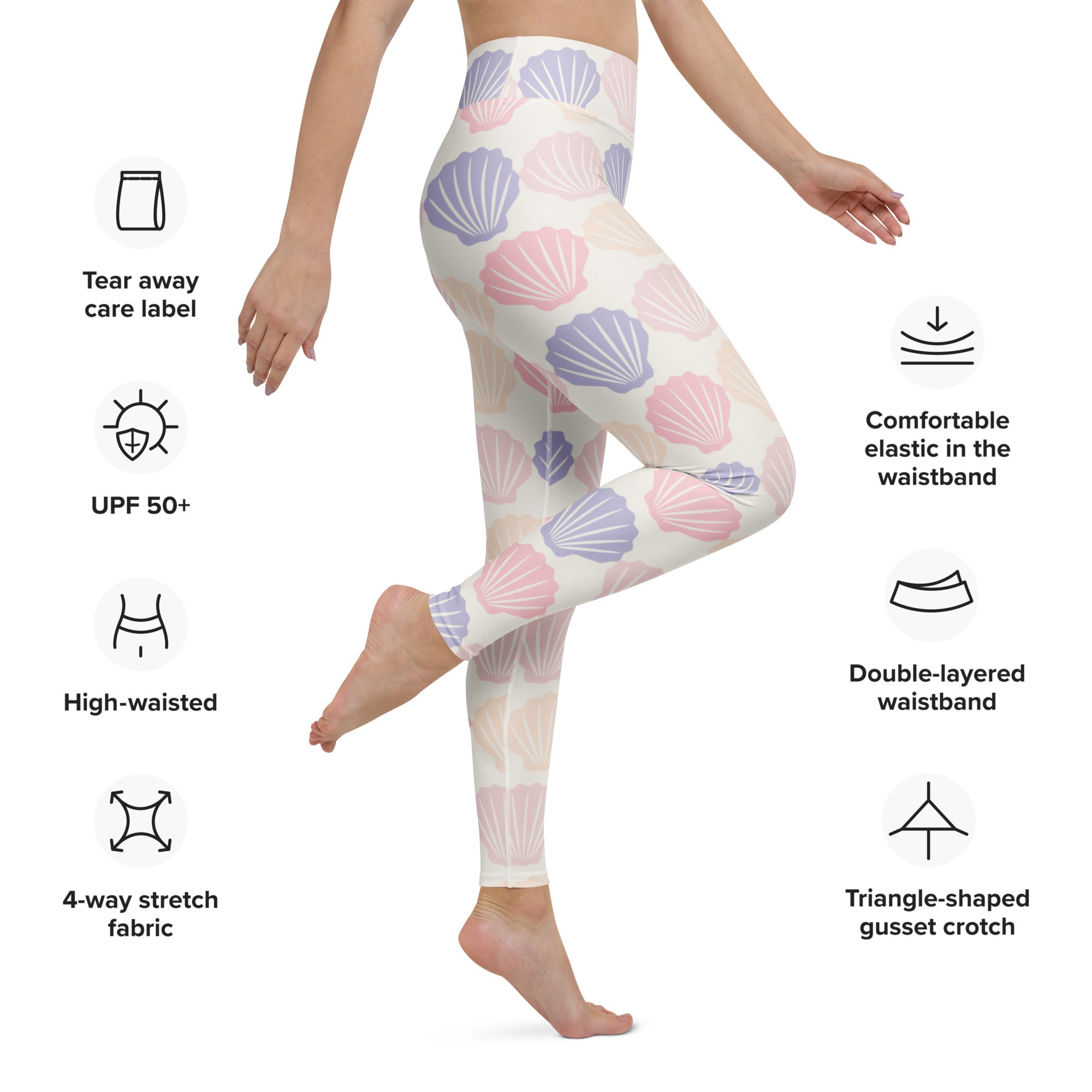 High-waisted women’s pastel seashell buttery soft yoga leggings with a cream base and pink lavender seashell pattern