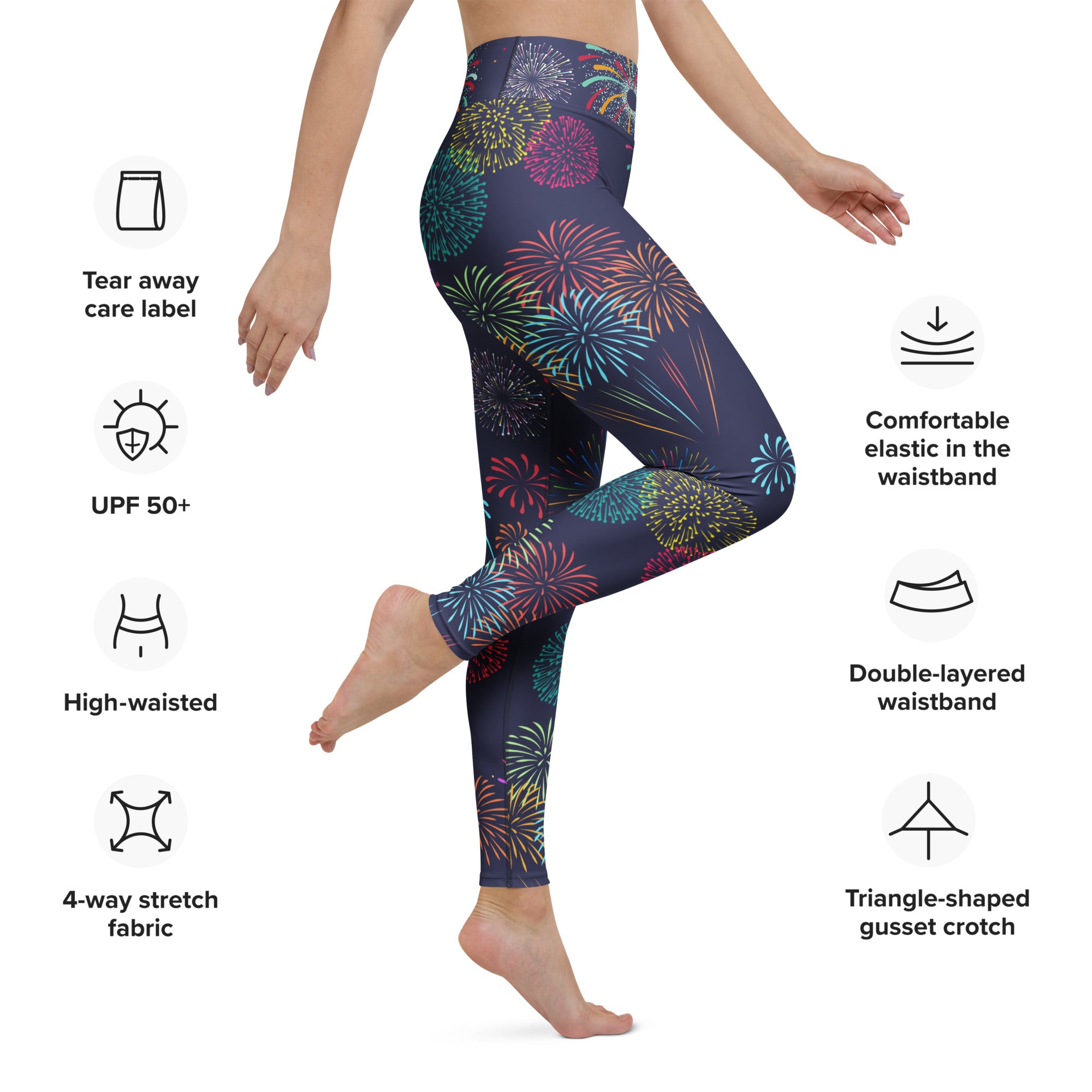 Women’s dark blue buttery soft yoga leggings with vibrant multicolored fireworks pattern