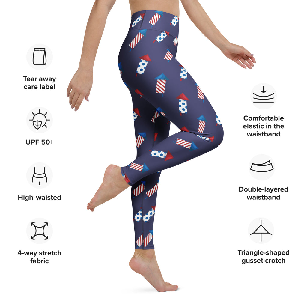 Dark blue high waisted buttery soft yoga leggings with red white and blue firework pattern for 4th of july