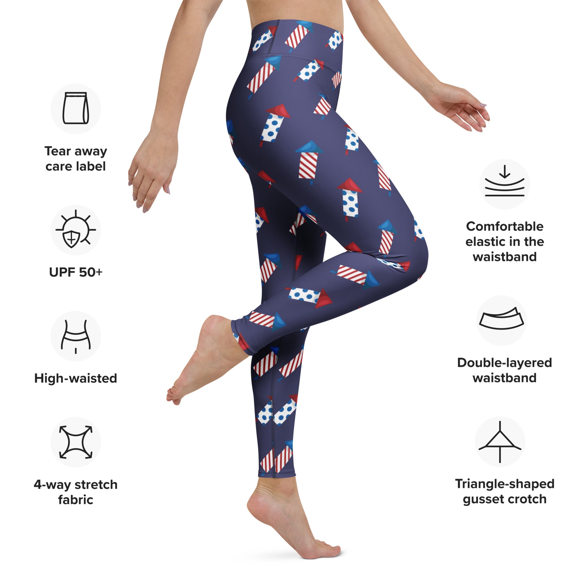 Dark blue high waisted buttery soft yoga leggings with red white and blue firework pattern for 4th of july