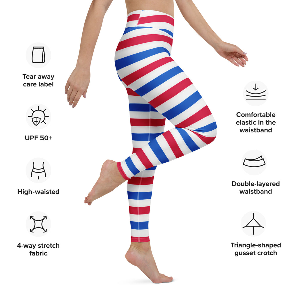 Women’s high-waisted red white and blue striped buttery soft yoga leggings made of 4-way stretch fabric