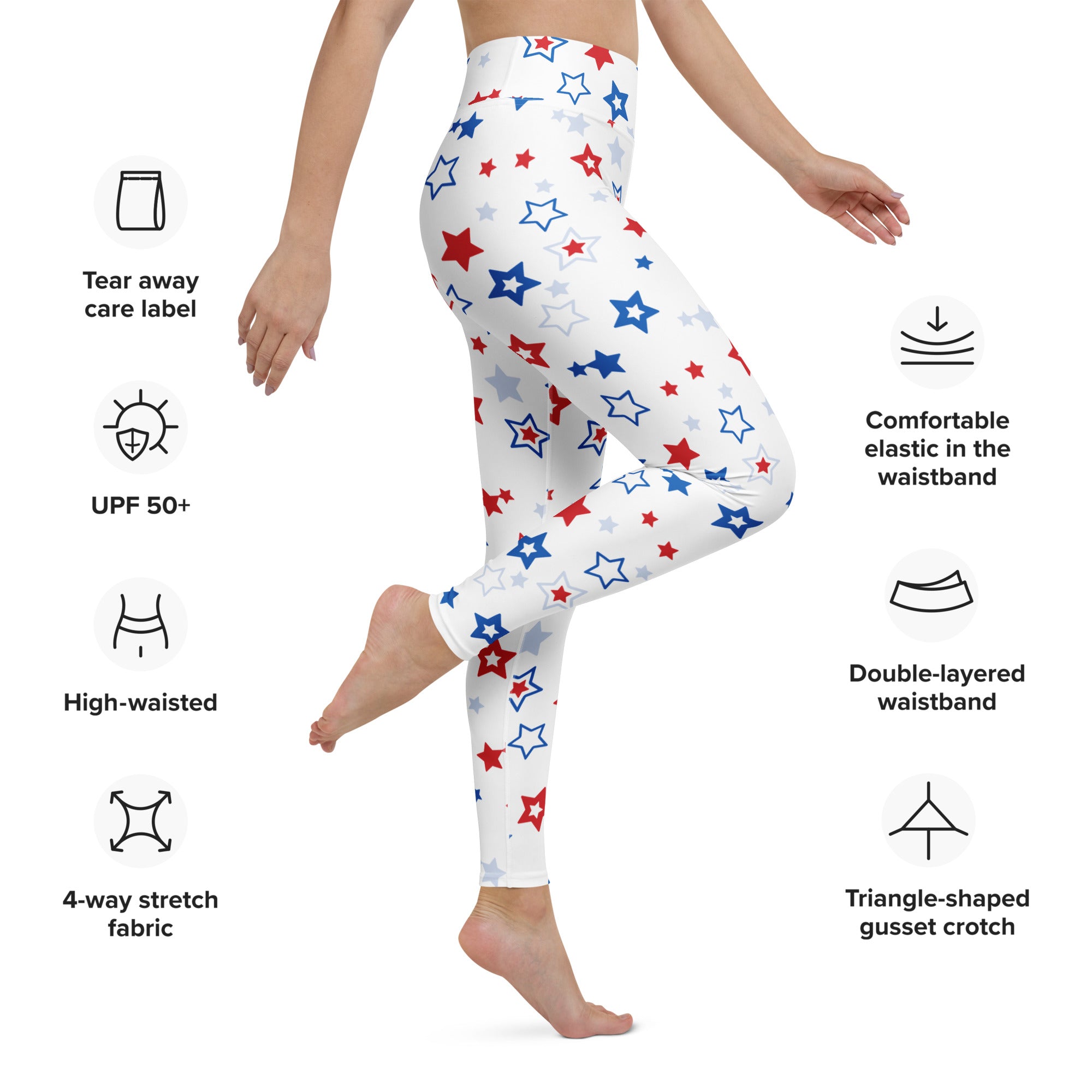 White high-waisted buttery soft yoga leggings with red blue and gray star pattern for women usa stars collection
