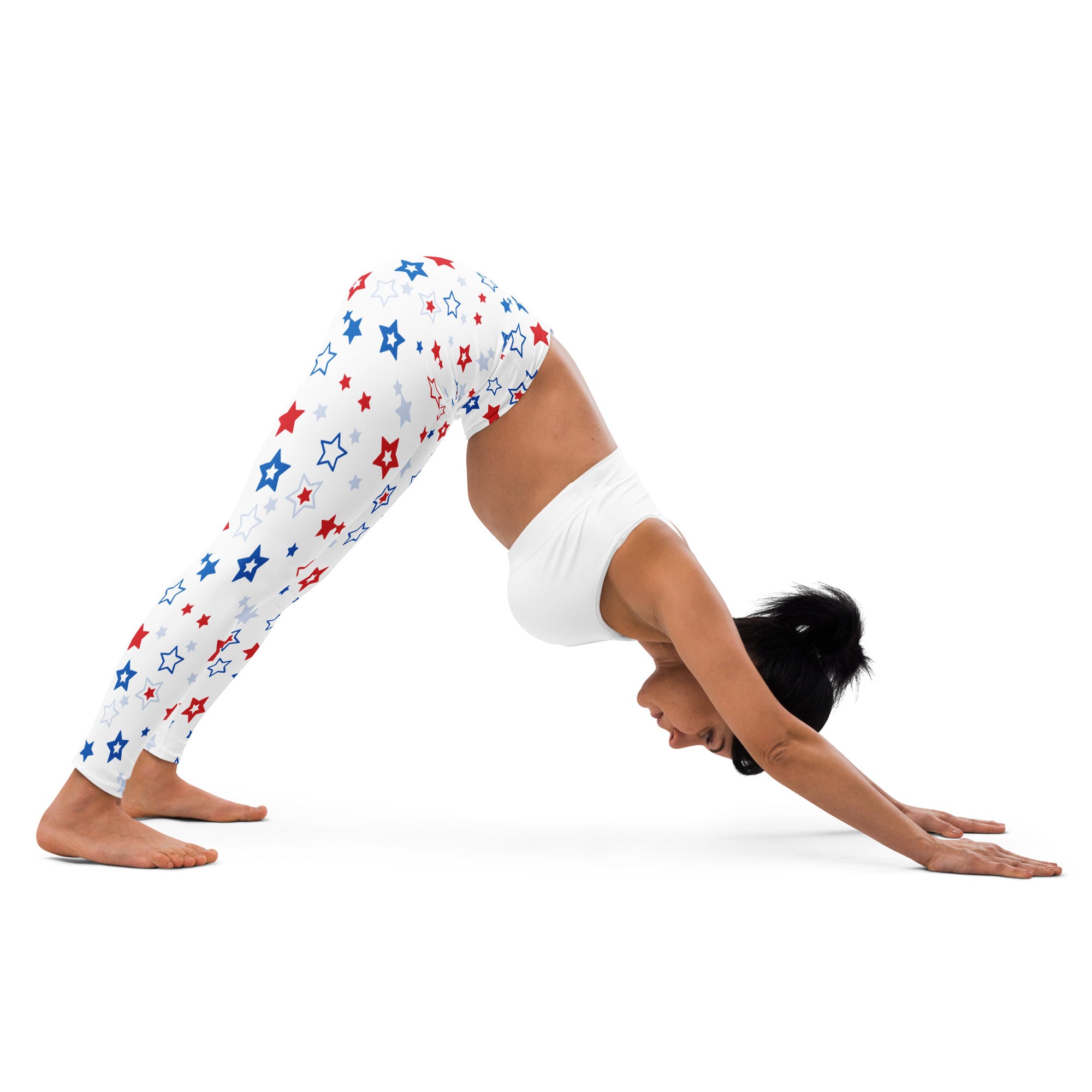 White women’s USA stars buttery soft yoga leggings with red blue and silver star pattern designed for comfort and style