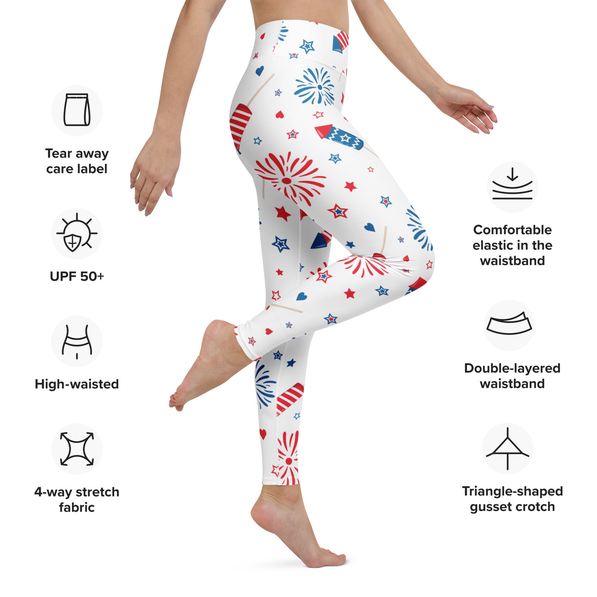 White women’s buttery soft yoga leggings with vibrant red white and blue fireworks pattern with stars and hearts