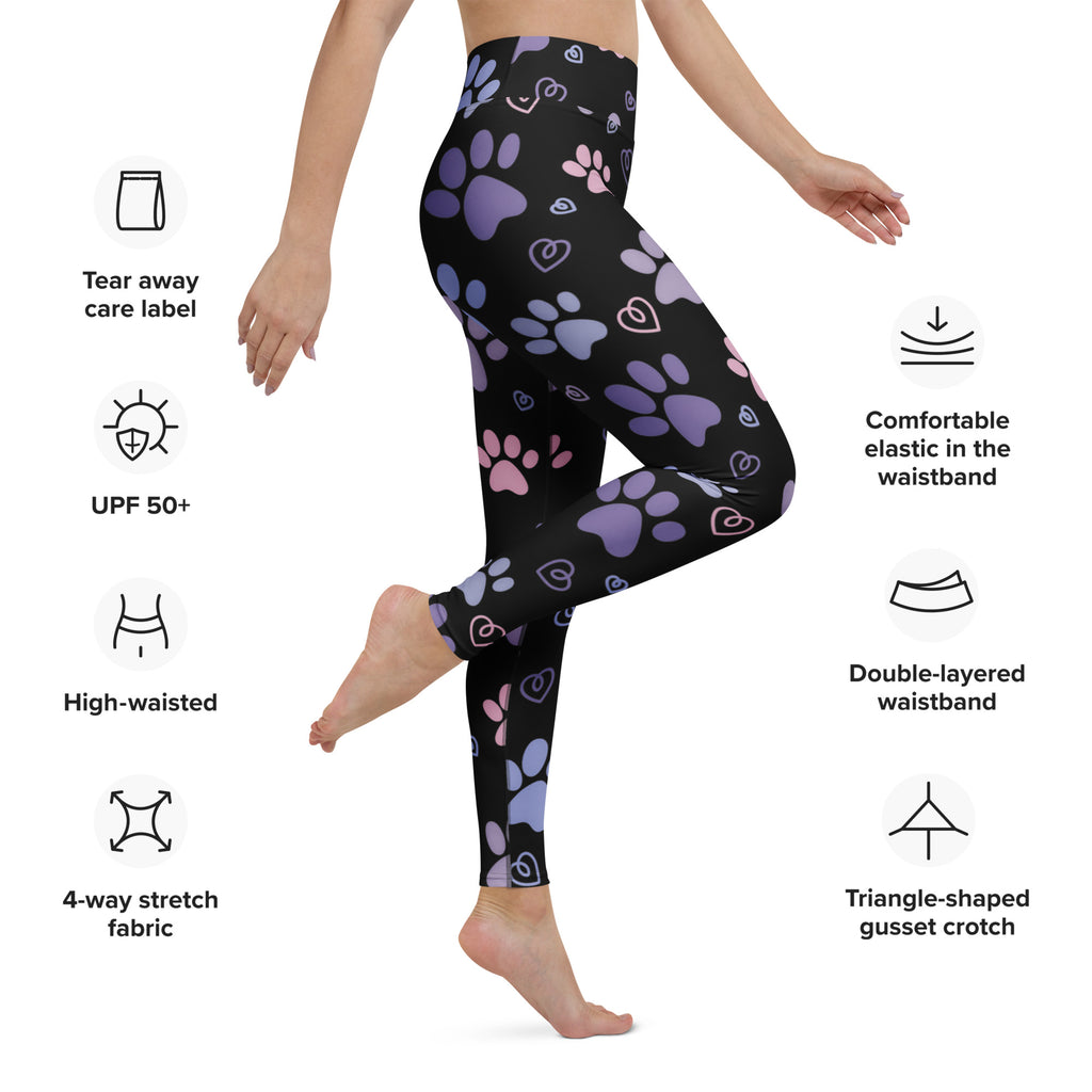 Black high-waisted buttery soft yoga leggings with purple and pink paw print and heart pattern for women