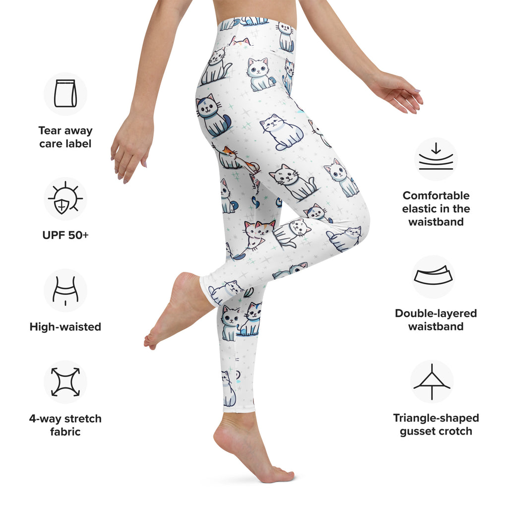Women’s white high-waisted cute cat buttery soft yoga leggings with playful multicolor cartoon cat pattern