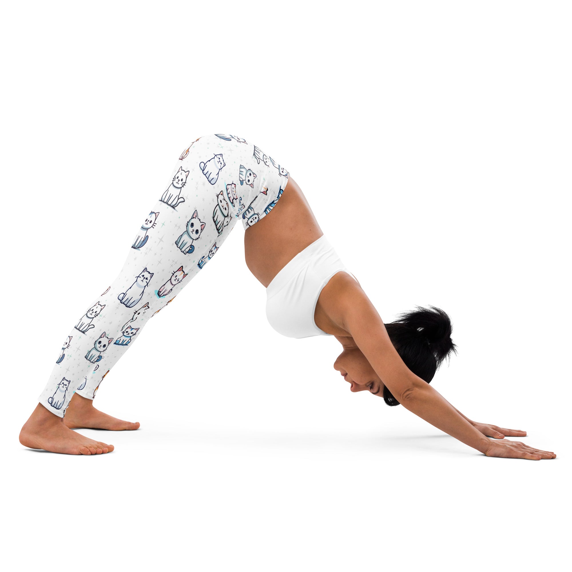 White buttery soft women’s yoga leggings with a playful multicolor cartoon cat pattern