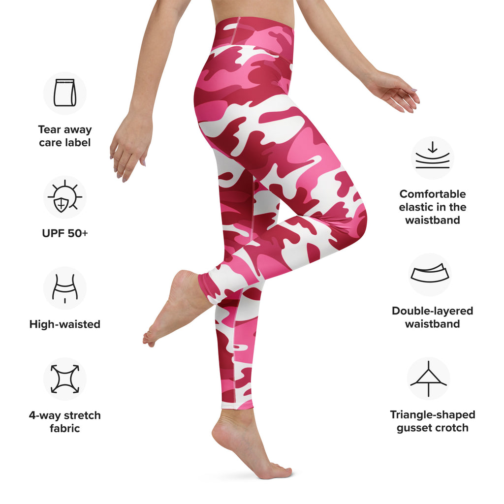 Women’s pink and white camouflage high-waisted buttery soft yoga leggings made of 4-way stretch fabric