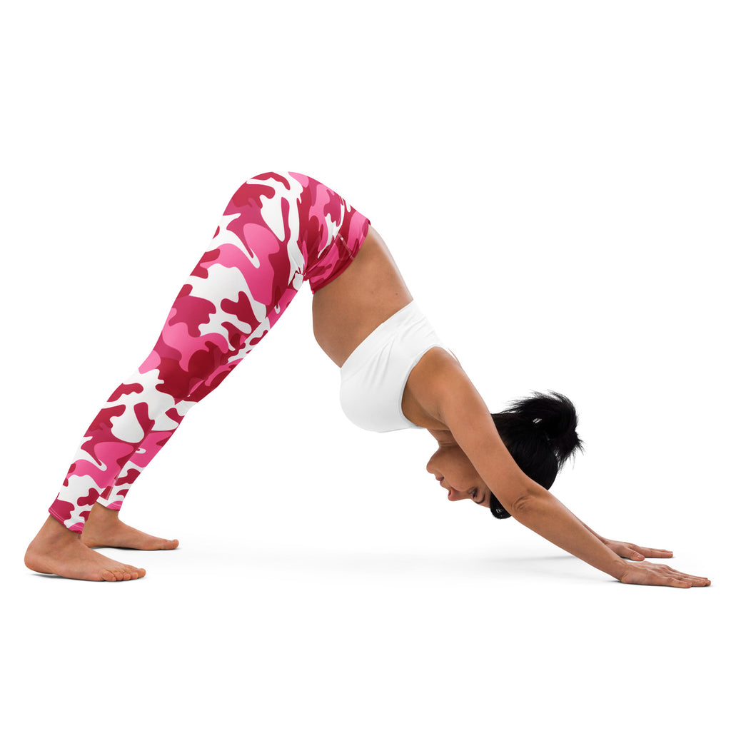 Women’s pink and white camouflage patterned buttery soft yoga leggings perfect for comfortable workouts