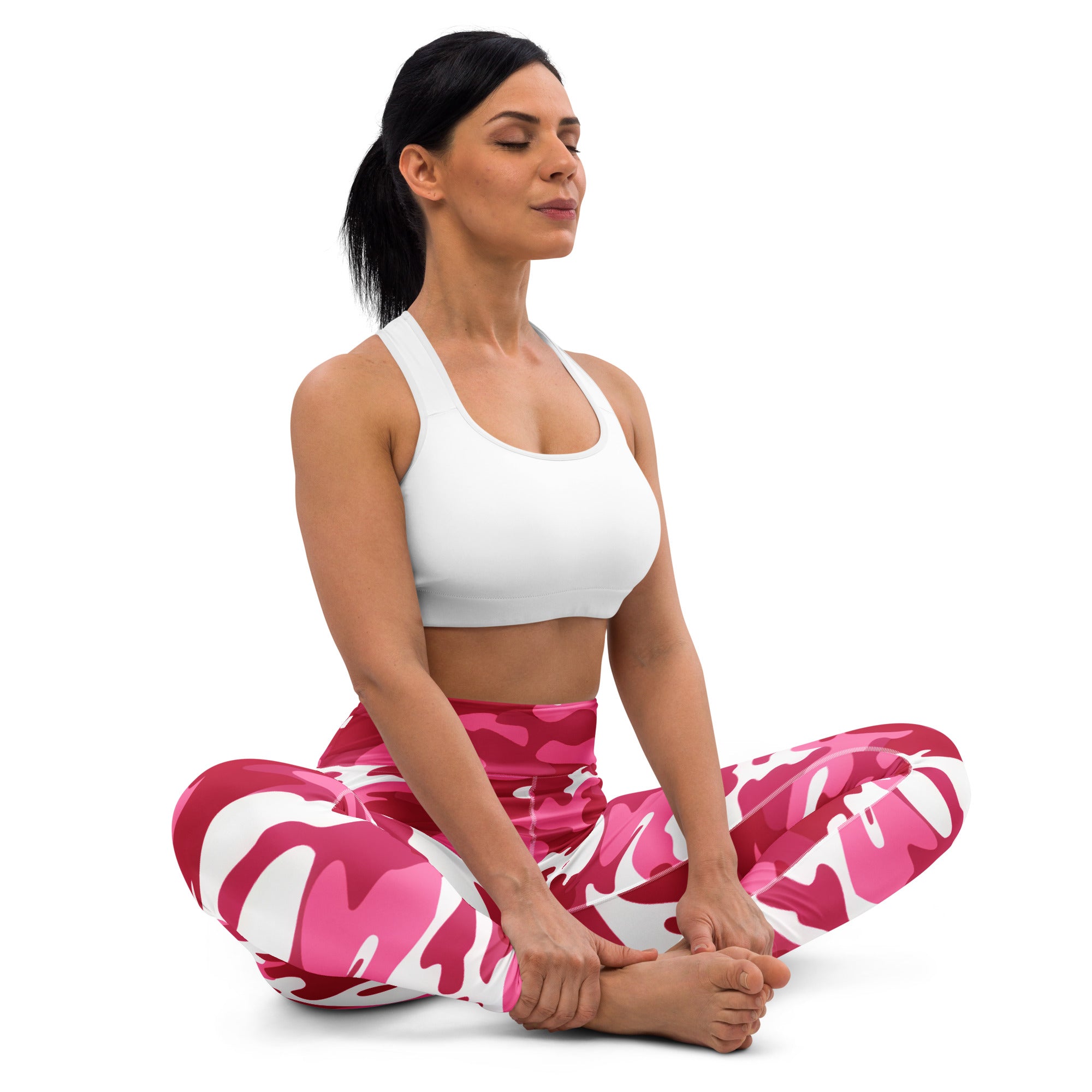 Women pink camouflage buttery soft yoga leggings with pink and white pattern shown from the back side