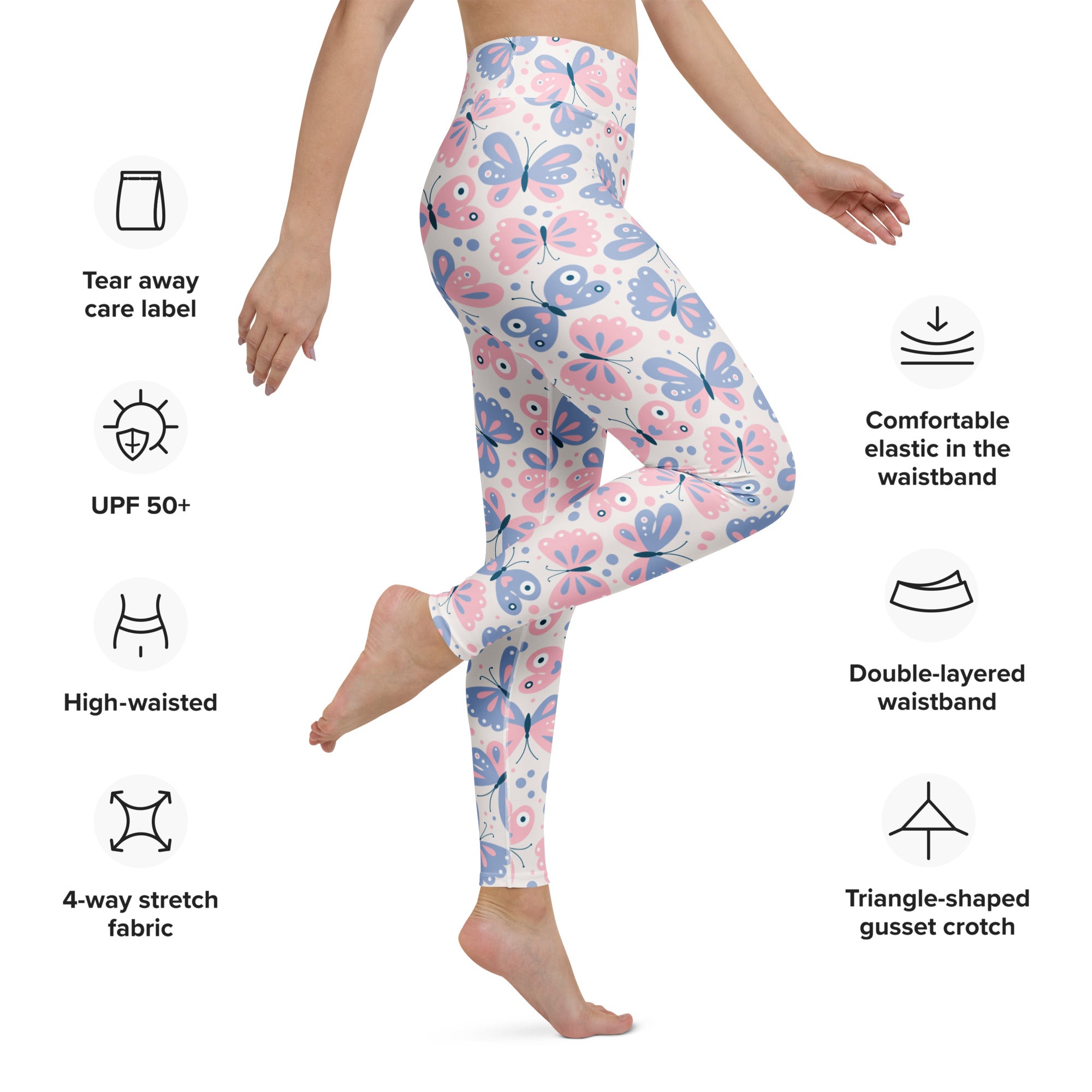 Women’s butterfly buttery soft yoga leggings with pink and blue butterfly pattern made of 4-way stretch fabric