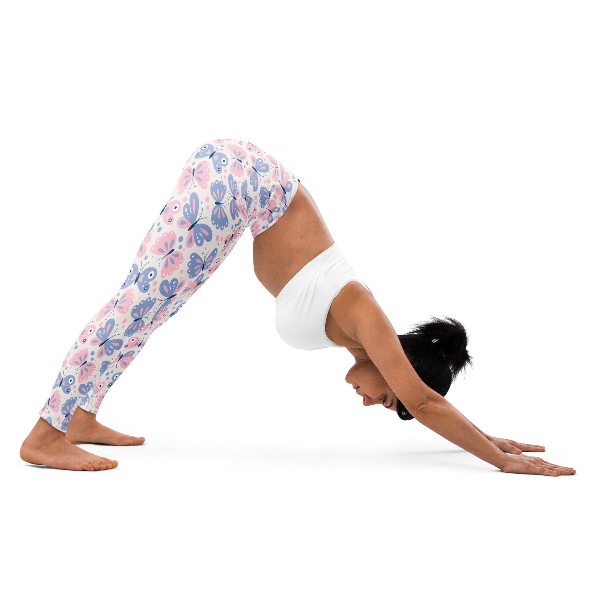 Women’s buttery soft yoga leggings with pink and blue butterfly pattern for comfortable activewear