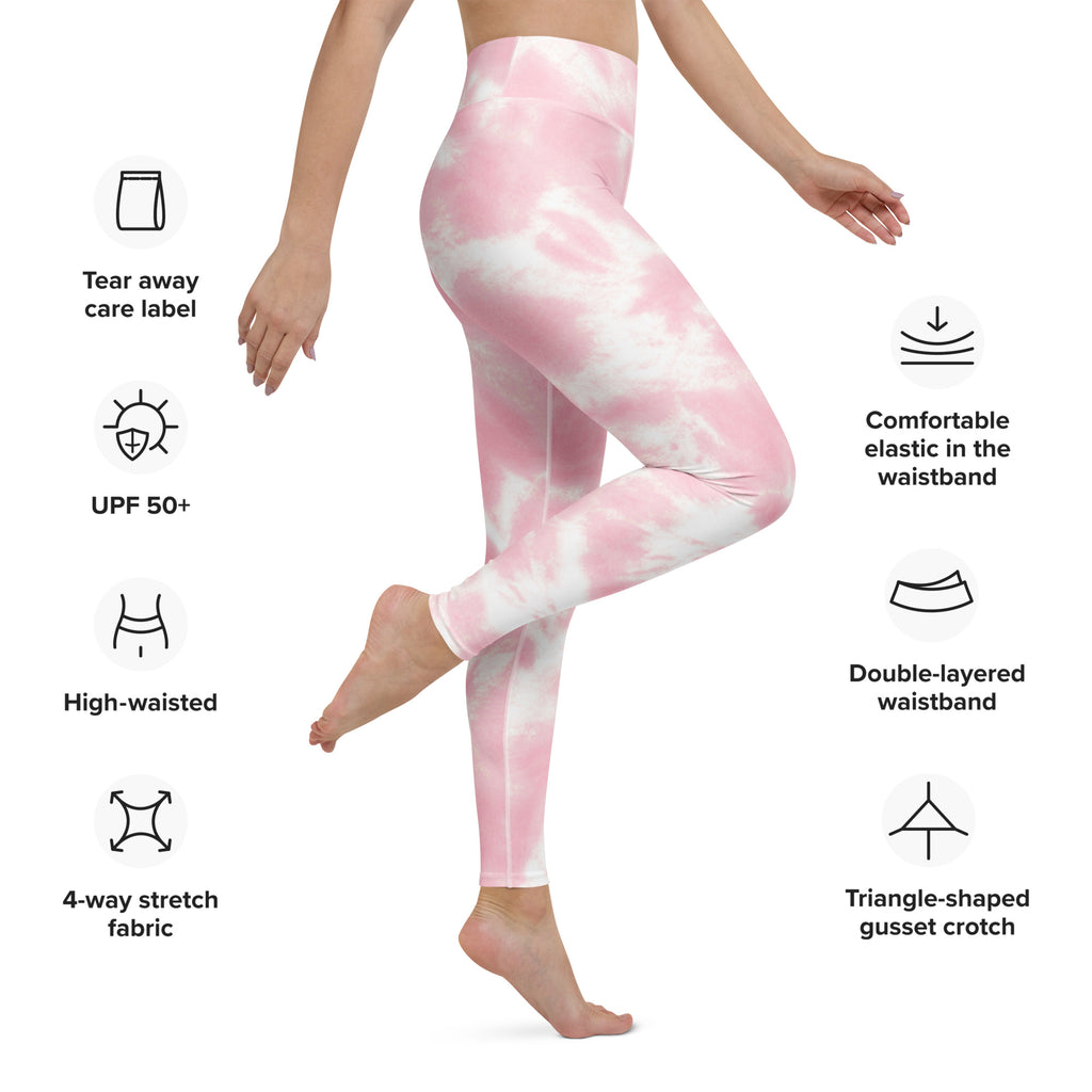 Women’s pink and white tie dye high waisted buttery soft yoga leggings made of 4 way stretch fabric