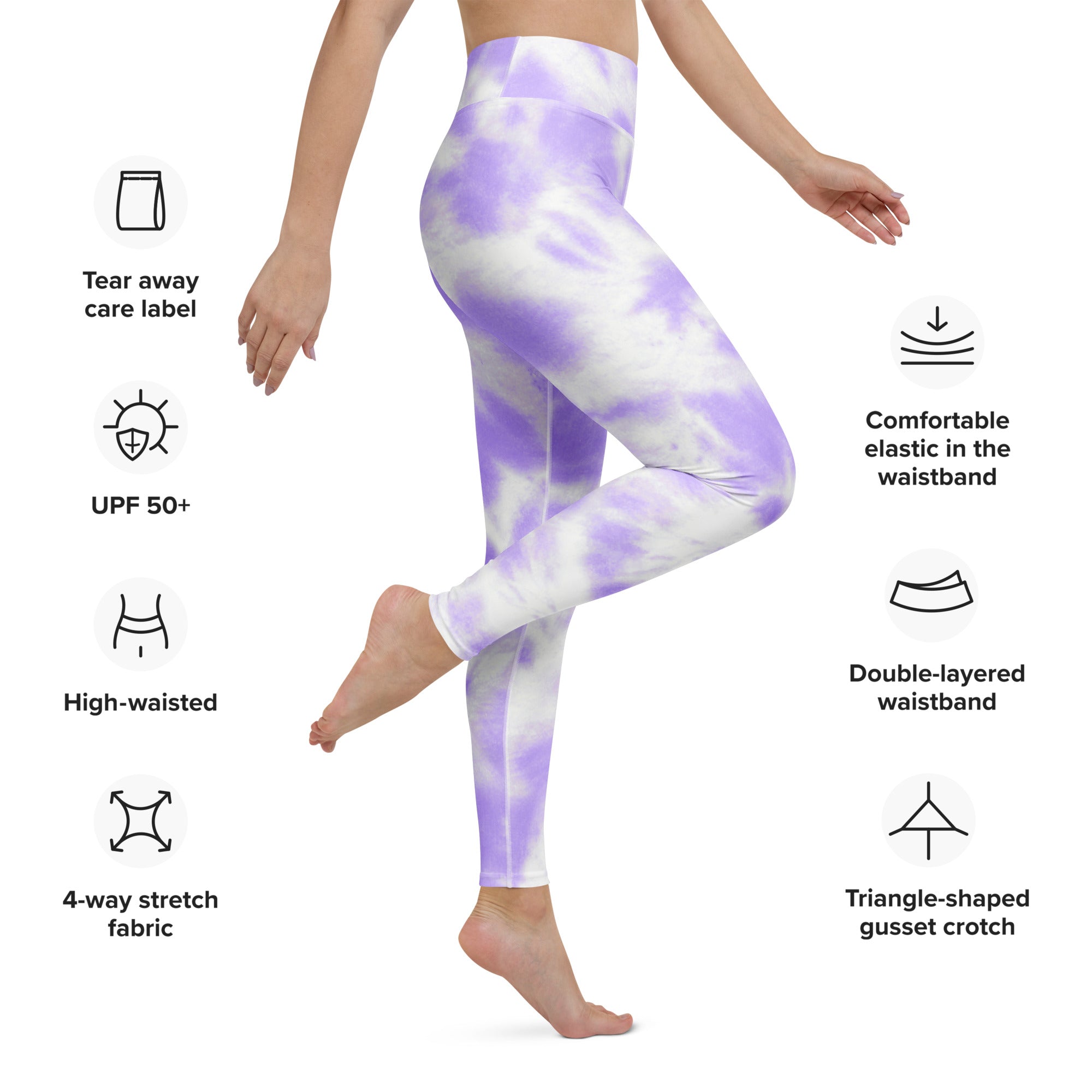 Women purple and white tie dye high waisted leggings made of buttery soft 4 way stretch fabric for yoga