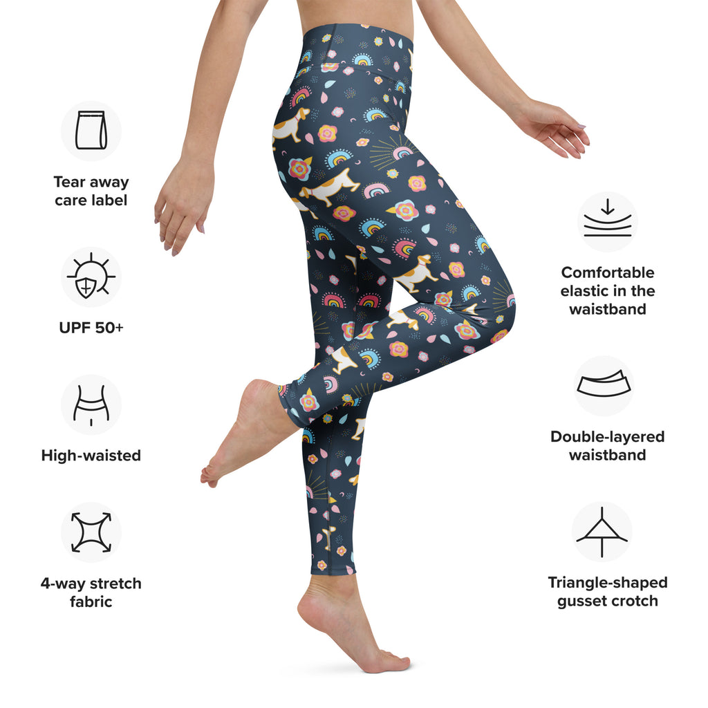 Dark blue high waisted buttery soft yoga leggings with white cats rainbows and pastel flowers pattern for women